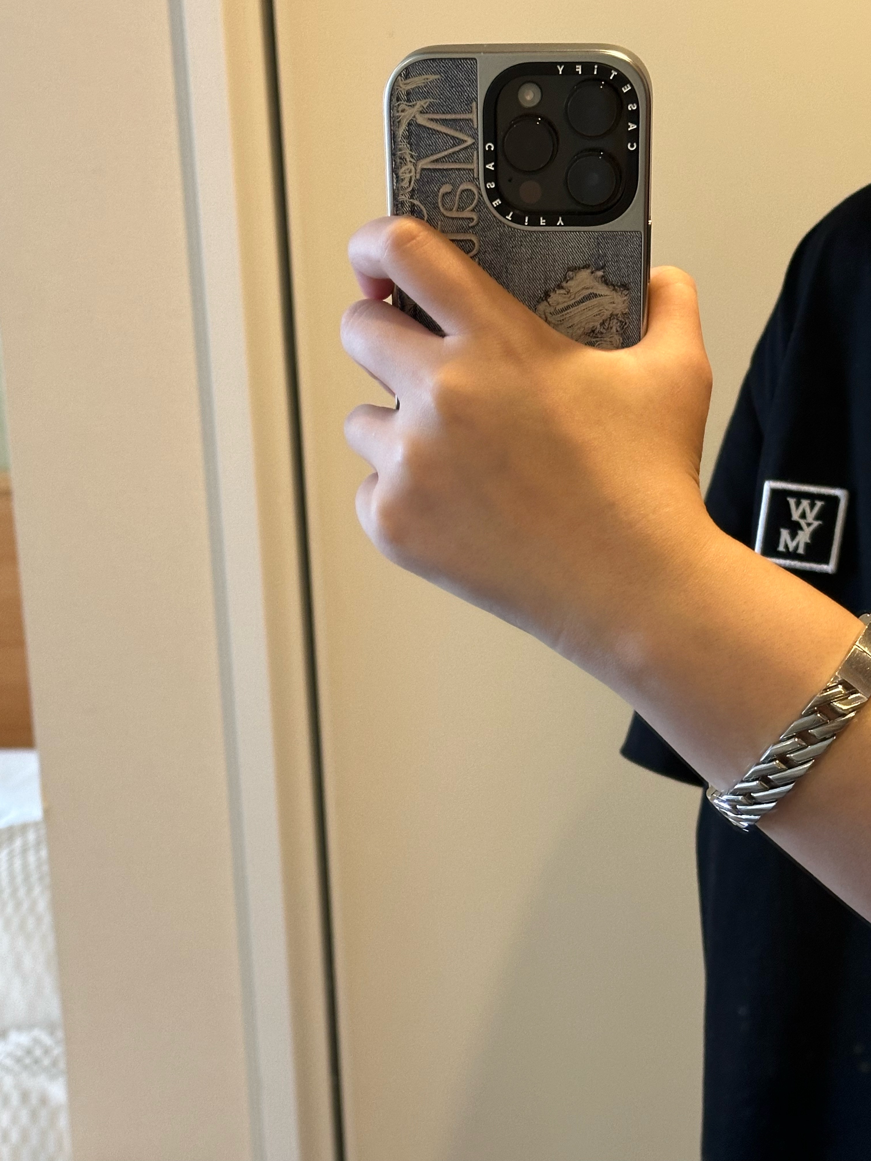 Casetify x Matin Kim iPhone Destroyed Denim Magsafe Mirror Case Silver, Wooyoungmi Cotton Back Logo T-Shirt Black - 23FW 착용 스타일