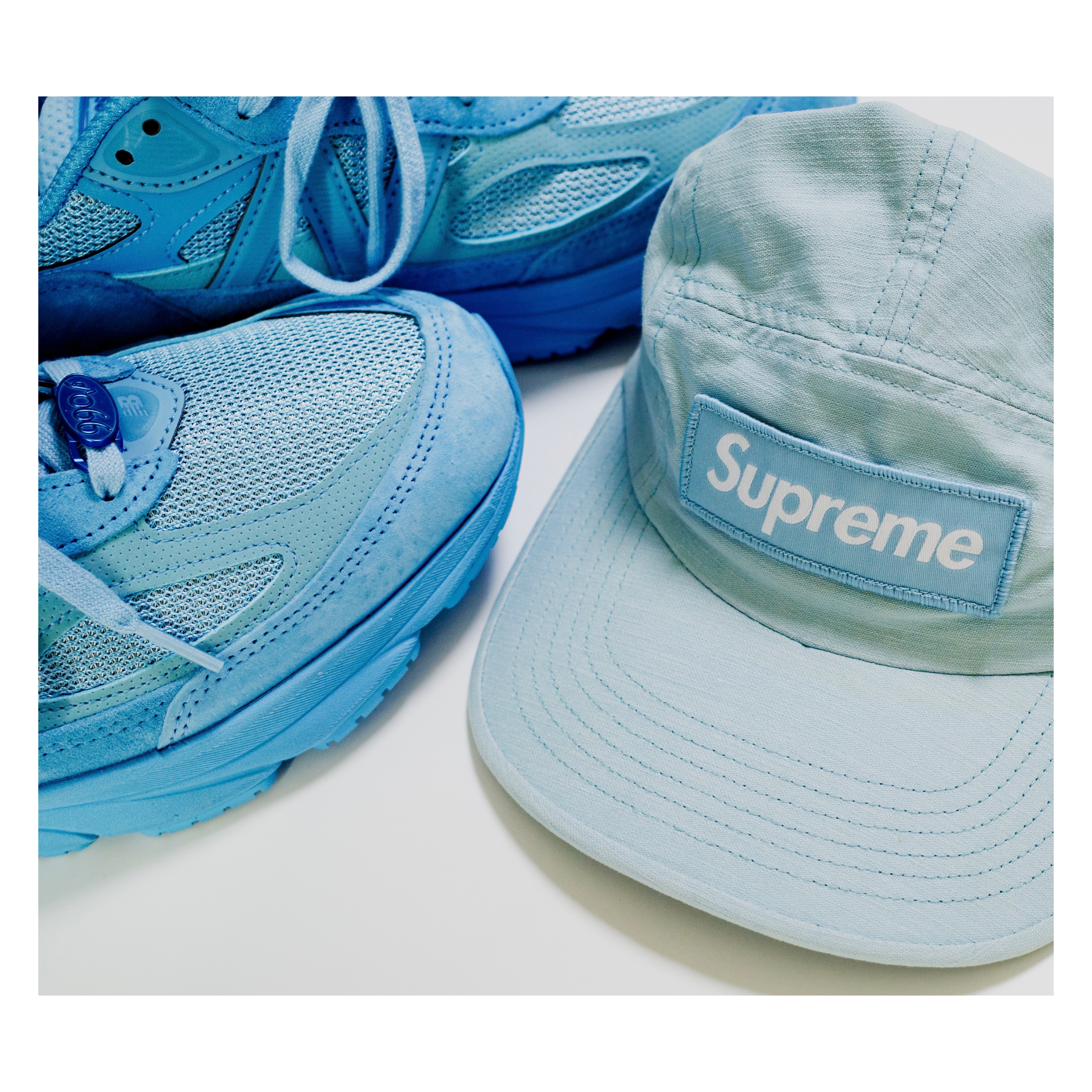 New Balance x Joe Freshgoods 990v6 Made in USA Prom Blue, Supreme Military Camp Cap Light Blue - 24SS 착용 스타일 - 5