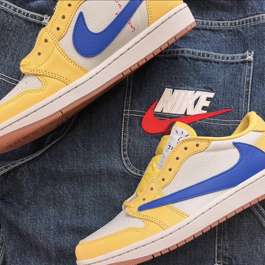 (W) Jordan 1 x Travis Scott Retro Low OG SP Canary, Supreme x Nike Denim Short Indigo - 24SS 착용 스타일