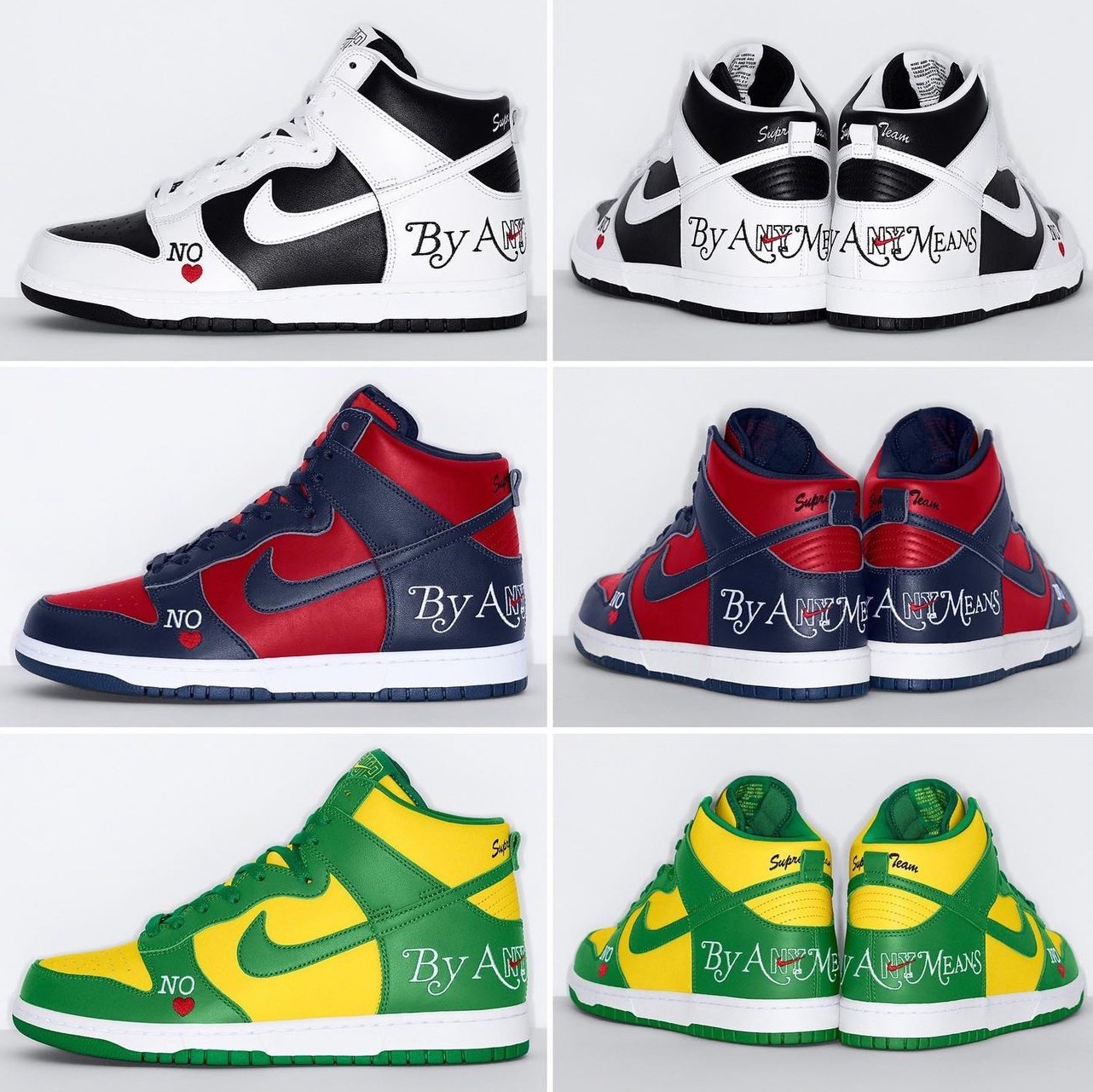 Nike x Supreme SB Dunk High OG QS By Any Means Varsity Red Midnight Navy, Nike x Supreme SB Dunk High OG QS By Any Means Varsity Maize Pine Green 착용 스타일 - 1