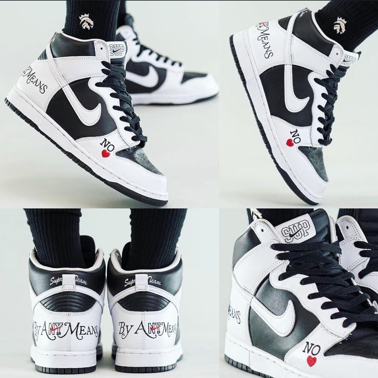 Nike x Supreme SB Dunk High OG QS By Any Means Varsity Red Midnight Navy, Nike x Supreme SB Dunk High OG QS By Any Means Varsity Maize Pine Green 착용 스타일 - 9