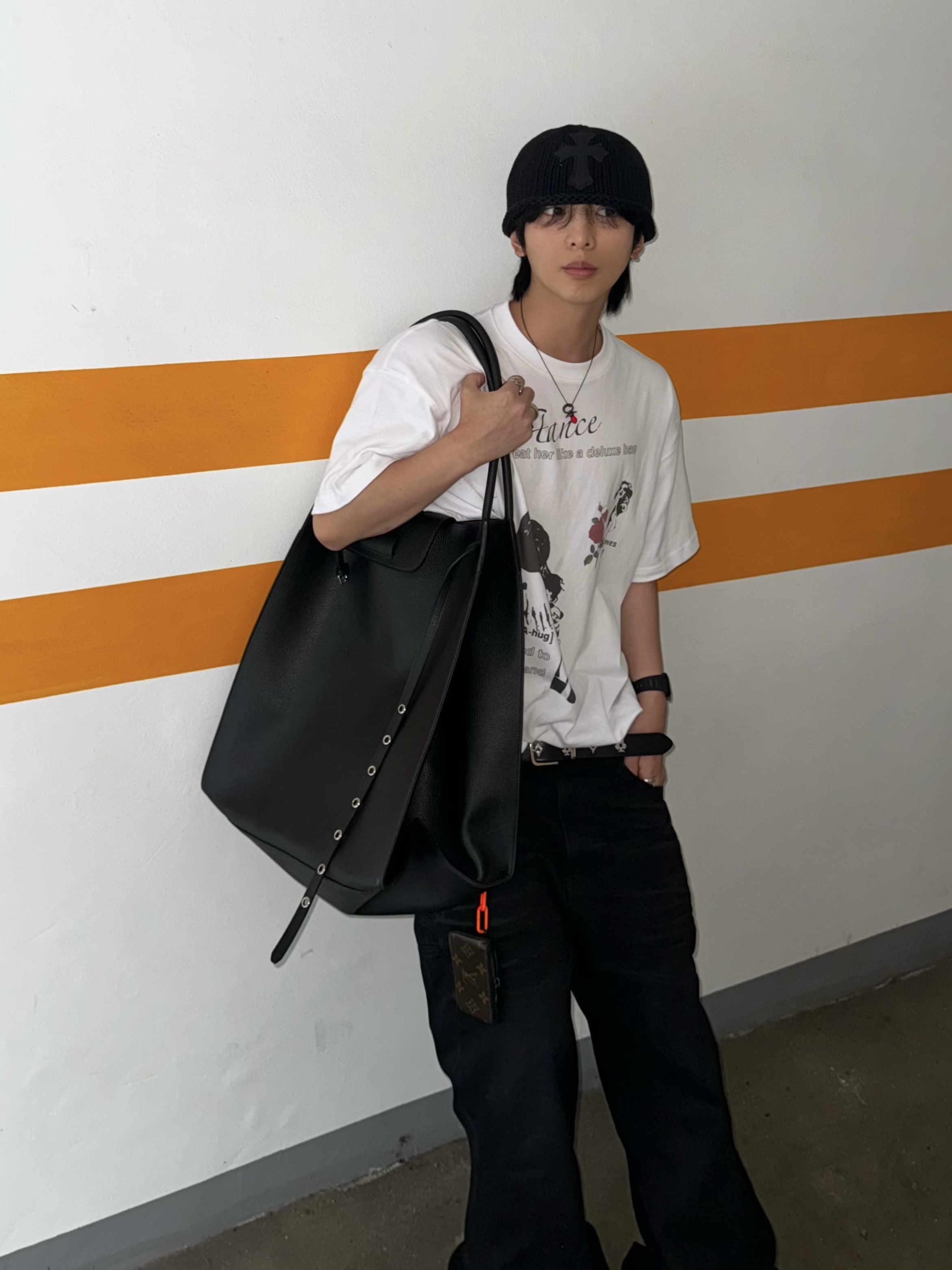 Chrome Hearts Cross Leather Patch Cashmere Beanie Black, Stussy Royal Suit Dress Belt Black 착용 스타일 - 1