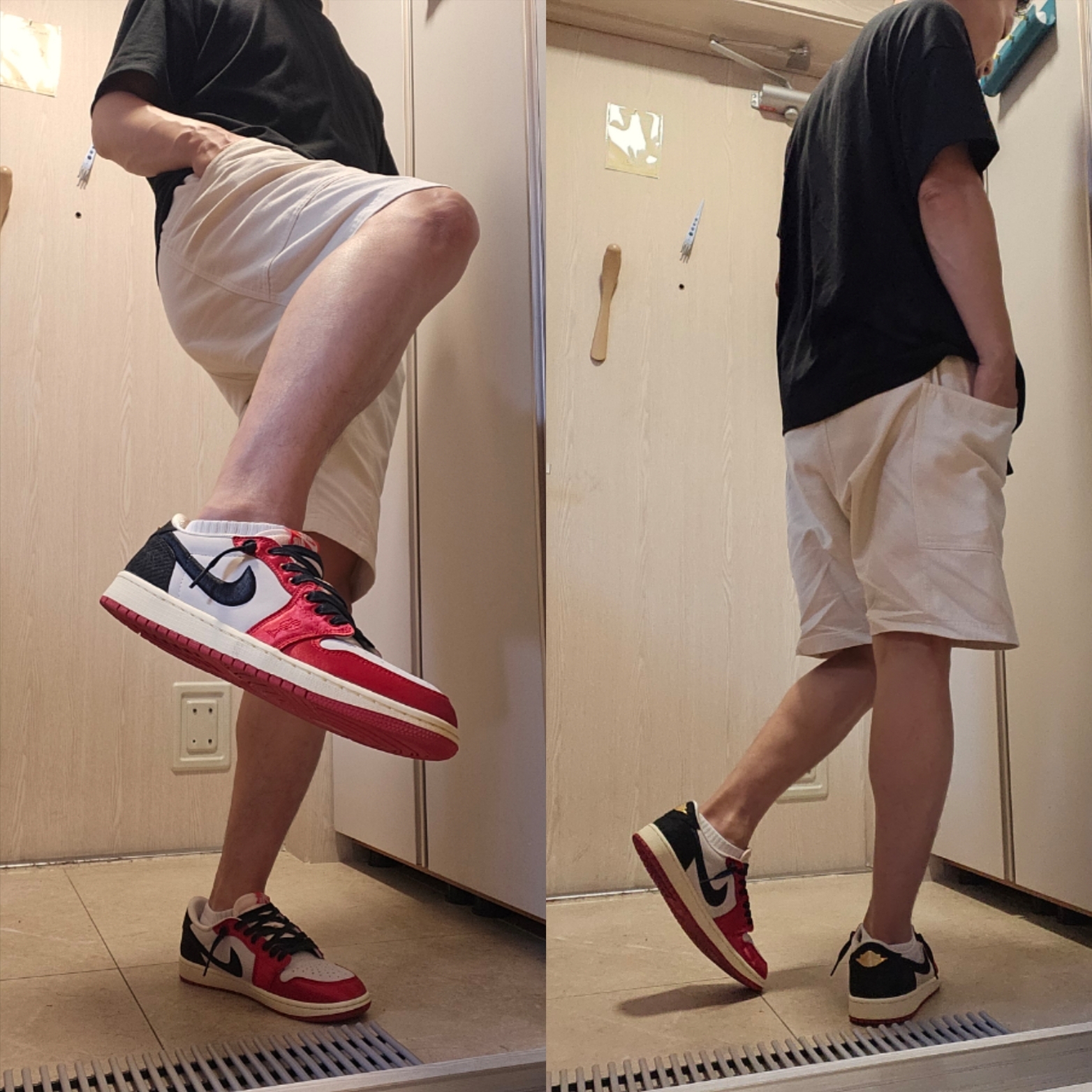 Jordan 1 x Trophy Room Retro Low OG SP Sail Varsity Red, Essentials T-Shirt Black - 24SS 착용 스타일