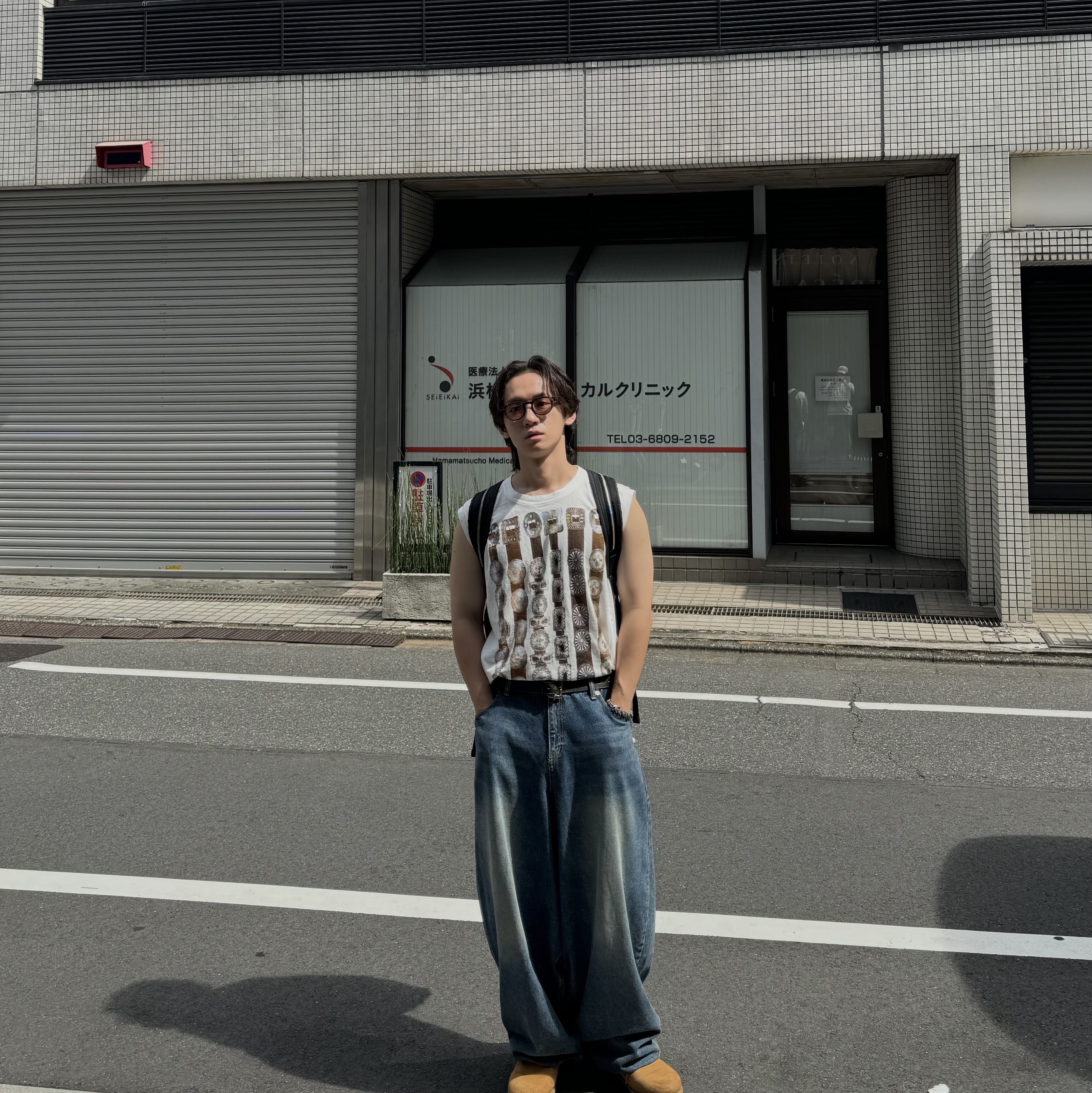 Kapital Tenjiku Sleeveless T-Shirt White, Kapital Oiled Leather Studded Disco Buckle Belt Black 착용 스타일