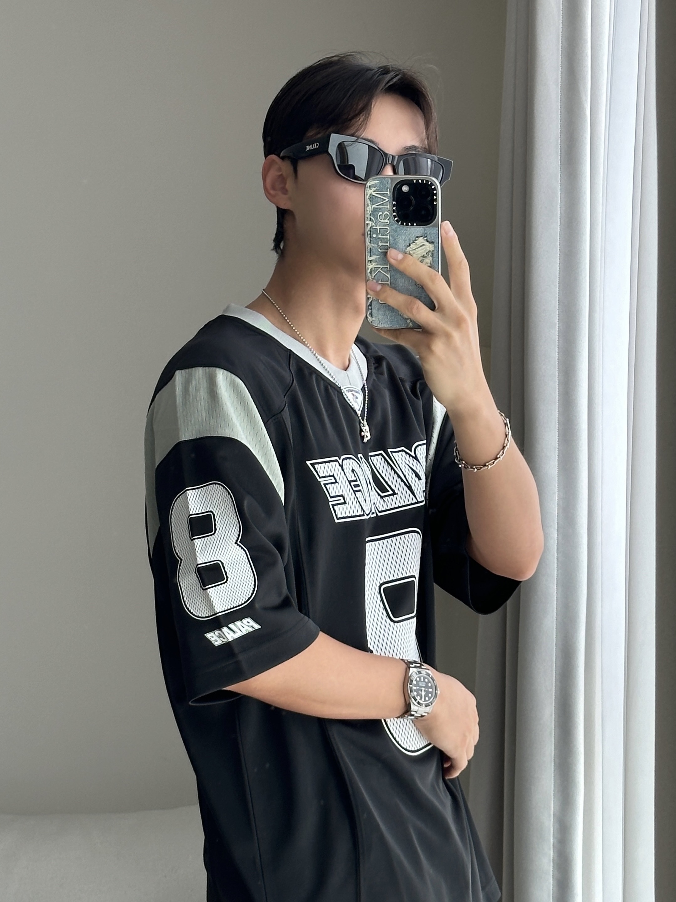 Palace Mesh Team Jersey Black - 24SS, (W) Celine Monochroms 01 Sunglasses in Acetate Black 착용 스타일