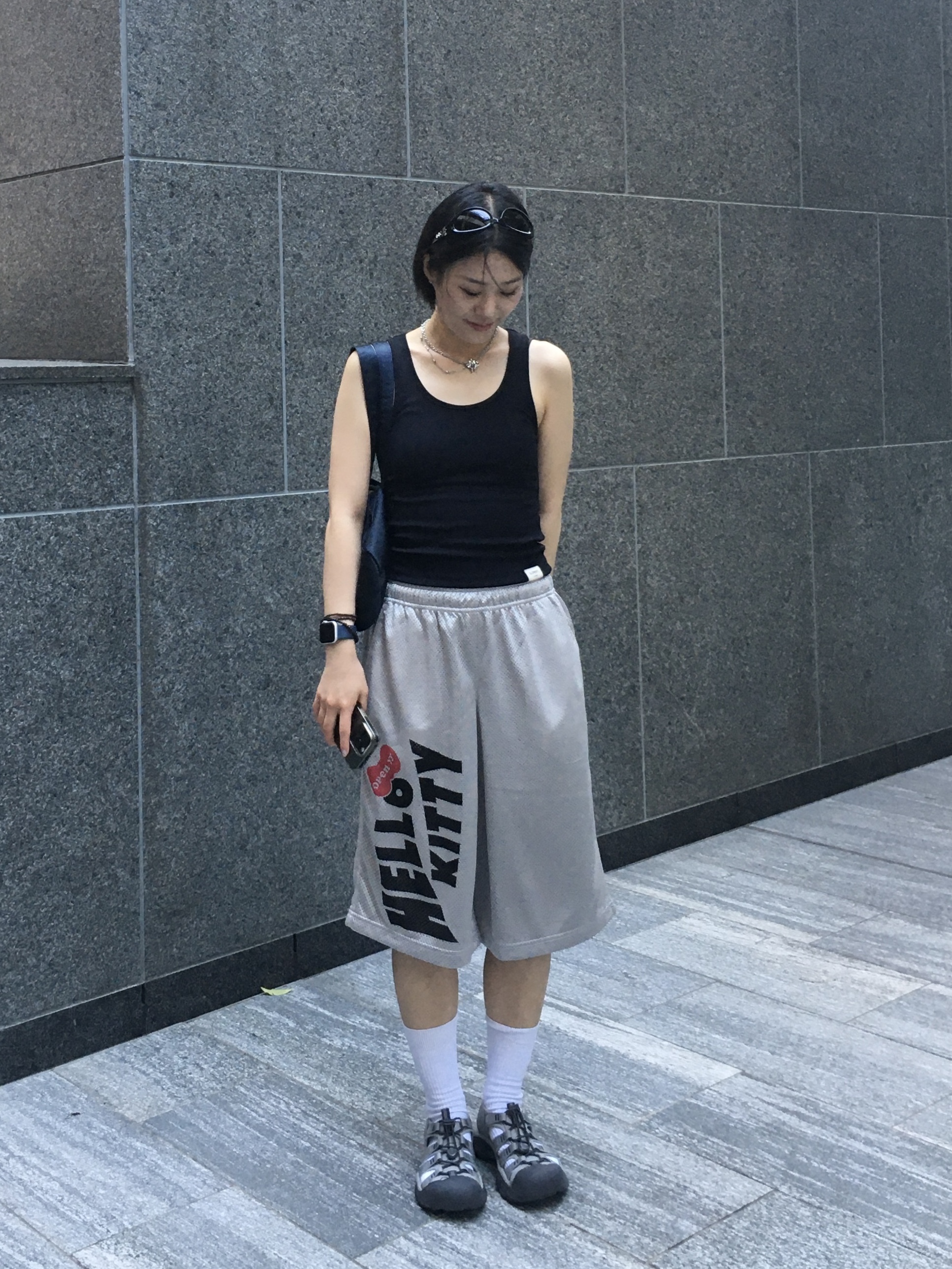 Open Yy x Hello Kitty Mesh Shorts Gray, (W) Keen Newport H2 Grey Smoke Blue 착용 스타일 - 2