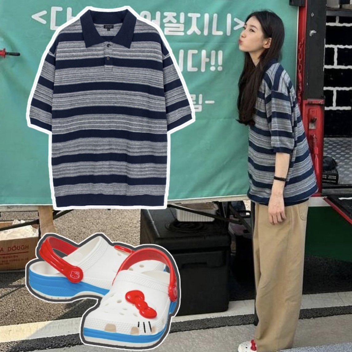 (W) Crocs x Hello Kitty Classic Clog White 착용 스타일 - 1