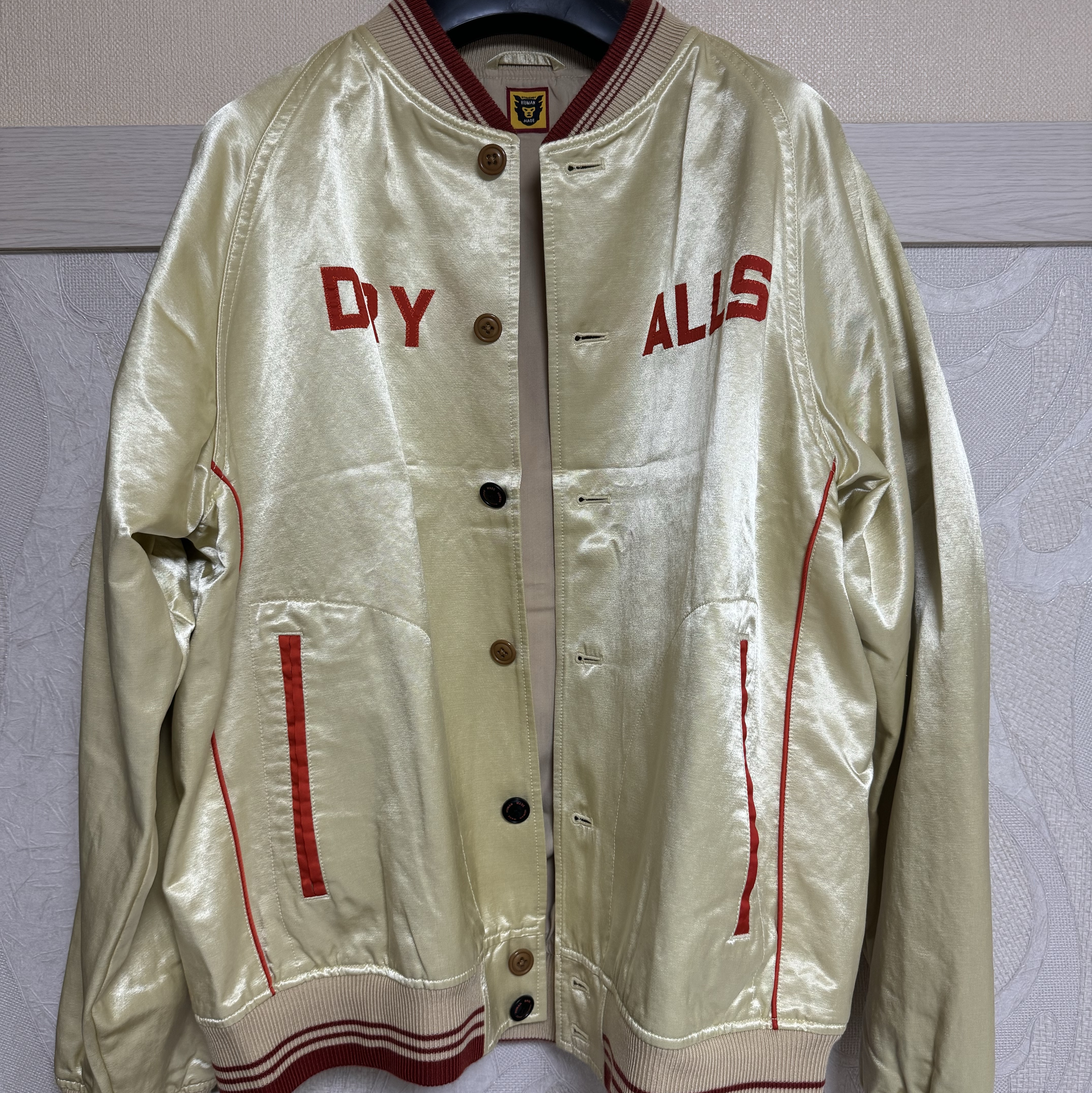 Human Made Stadium Jacket Yellow 착용 스타일