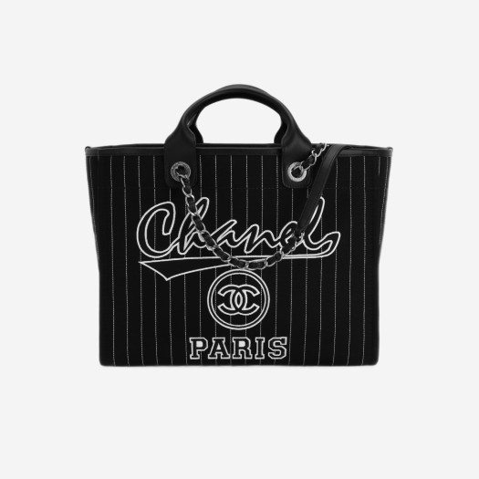 Chanel Large Shopping Bag Cotton Calfskin & Silver Black White