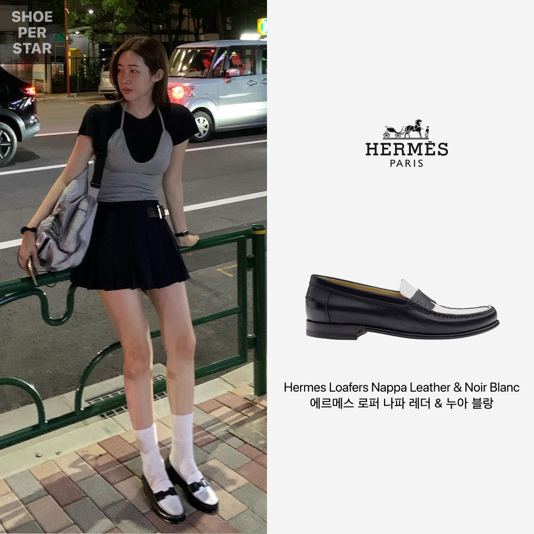 (W) Hermes Kennedy Loafers Ultra Light Nappa Leather & Noir Blanc 착용 스타일 - 1