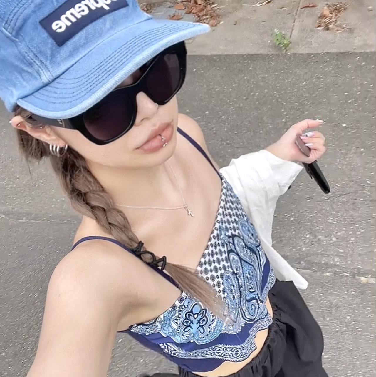 Chanel Square Sunglasses Acetate & Black Frame Grey Lenses Asian Fit, Supreme Washed Chino Twill Camp Cap Denim - 23FW 착용 스타일