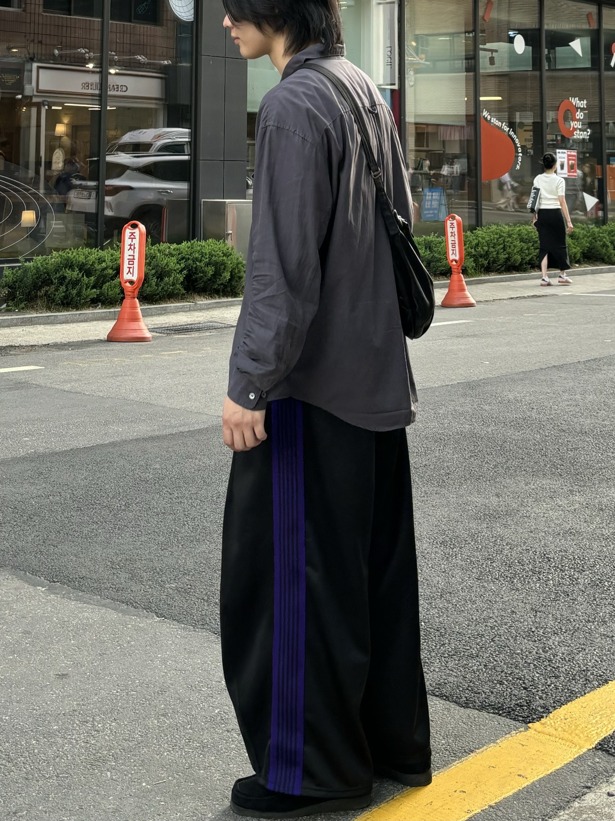 Needles H.D. Track Pants Poly Smooth Purple, Polyteru Tenco Loosed Shirt 2.0 Dyed Purple Gray 착용 스타일
