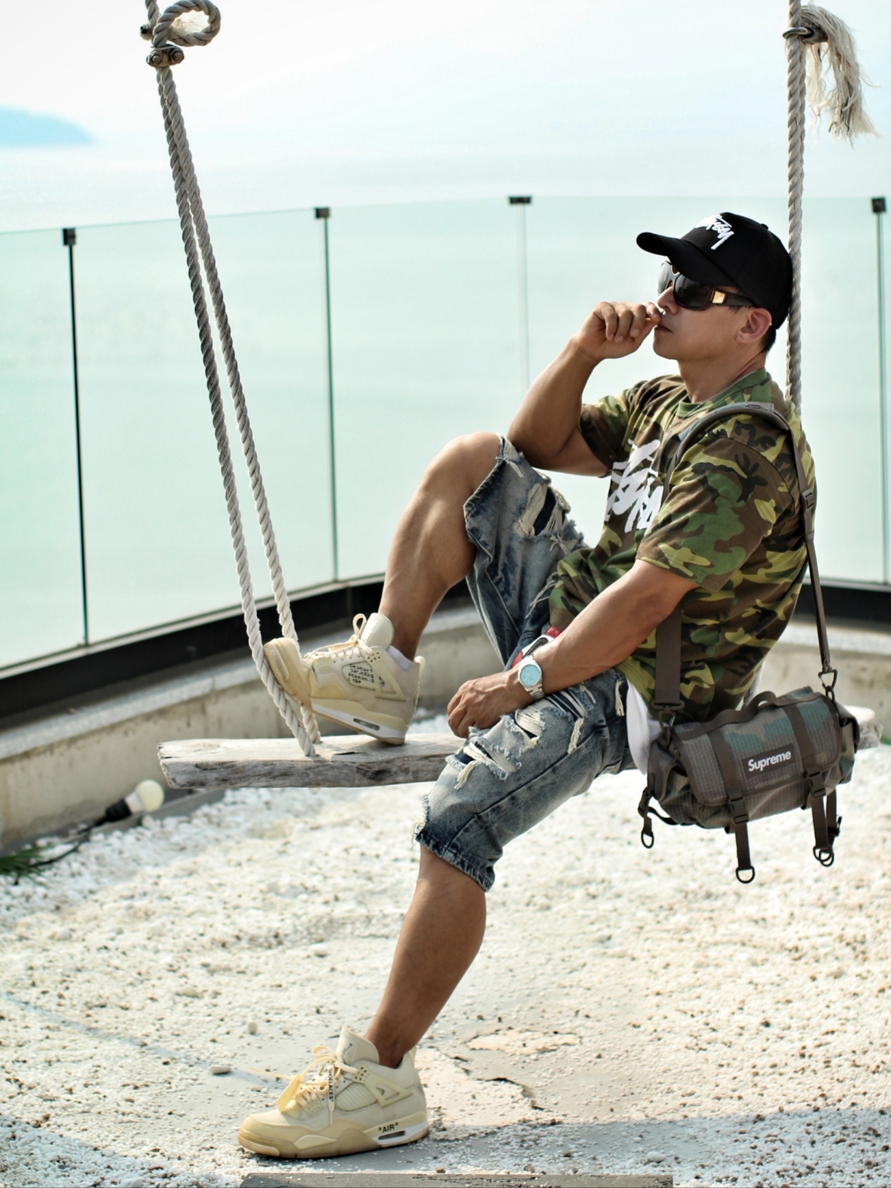 Stussy Stock Camo T-Shirt Camo White, (W) Jordan 4 x Off-White Retro SP Sail 착용 스타일 - 3