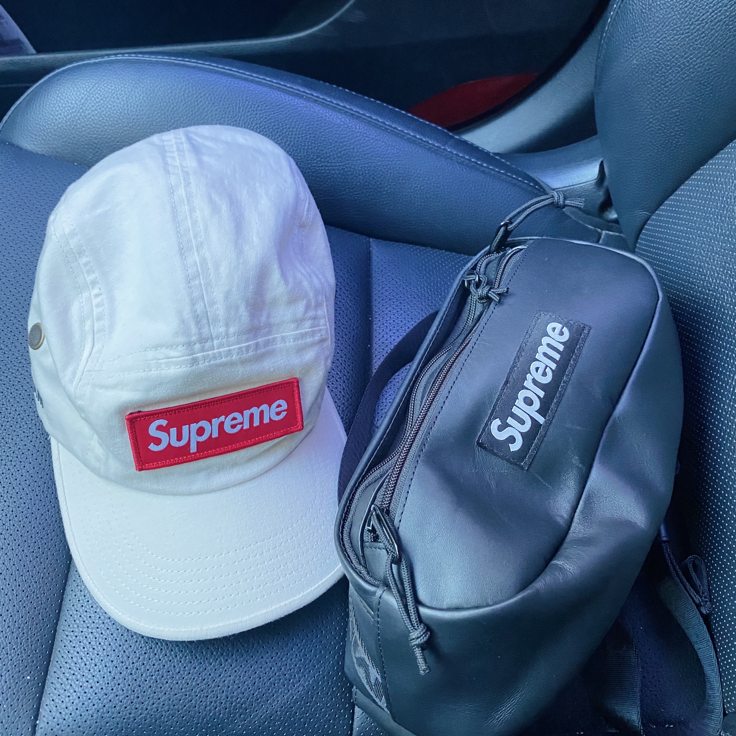 Supreme Military Camp Cap Stone - 22SS, Supreme Leather Waist Bag Black - 23FW 착용 스타일