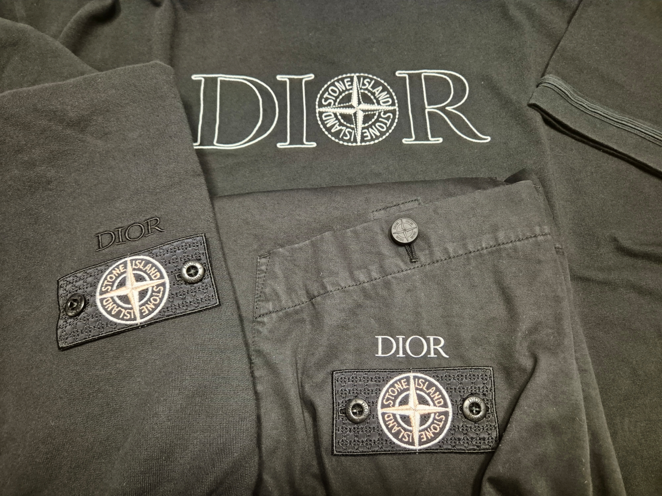 Dior x Stone Island Cotton Fleece Sweatshirt Black, Dior x Stone Island Oversized Fit T-Shirt Black 착용 스타일