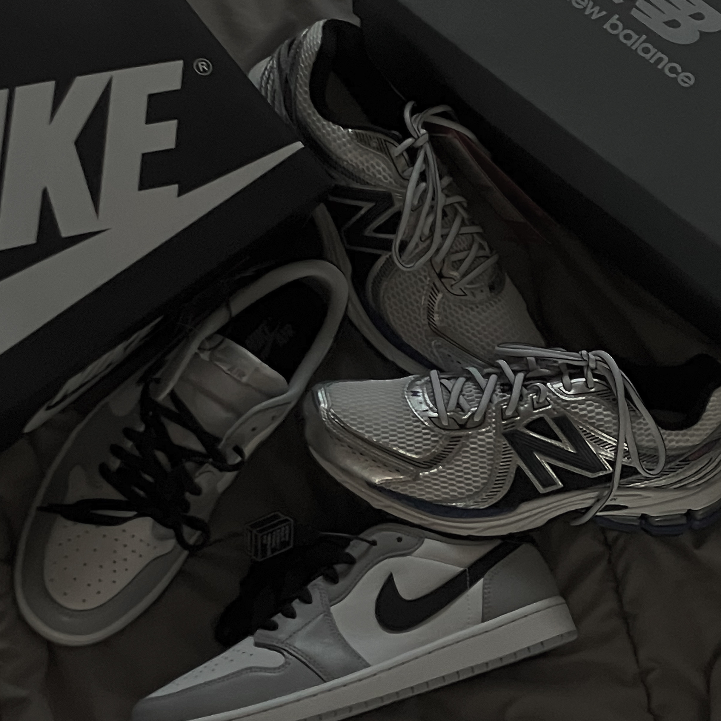 Jordan 1 Retro Low OG Wolf Grey and White, New Balance 860v2 Metallic Silver 착용 스타일