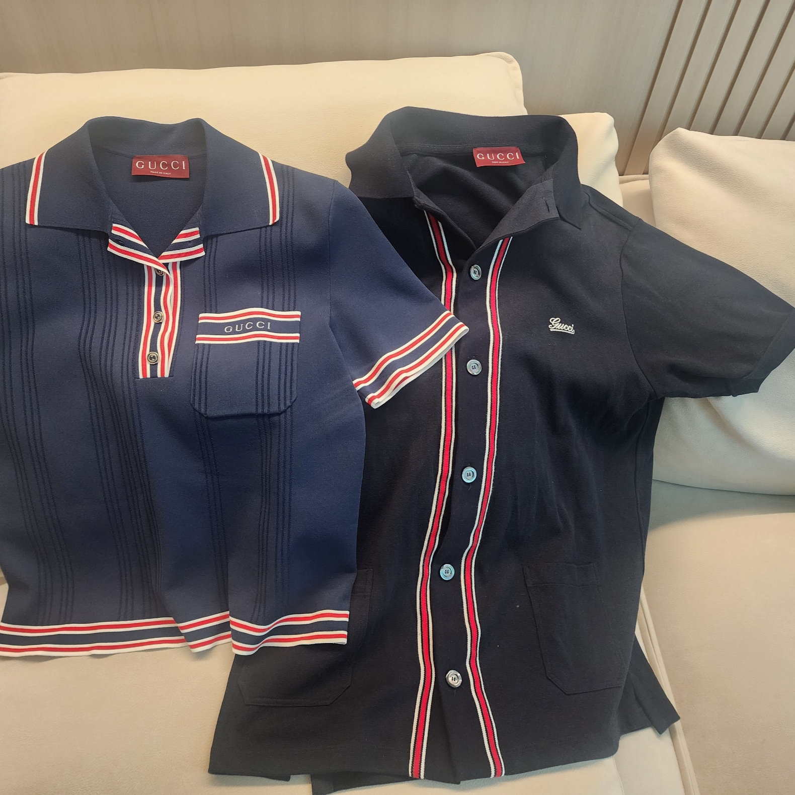Gucci Cotton Jersey Polo Shirt Navy Blue Compact Cotton Jersey, Gucci Heavy Cotton Poplin Shirt Beige 착용 스타일 - 8
