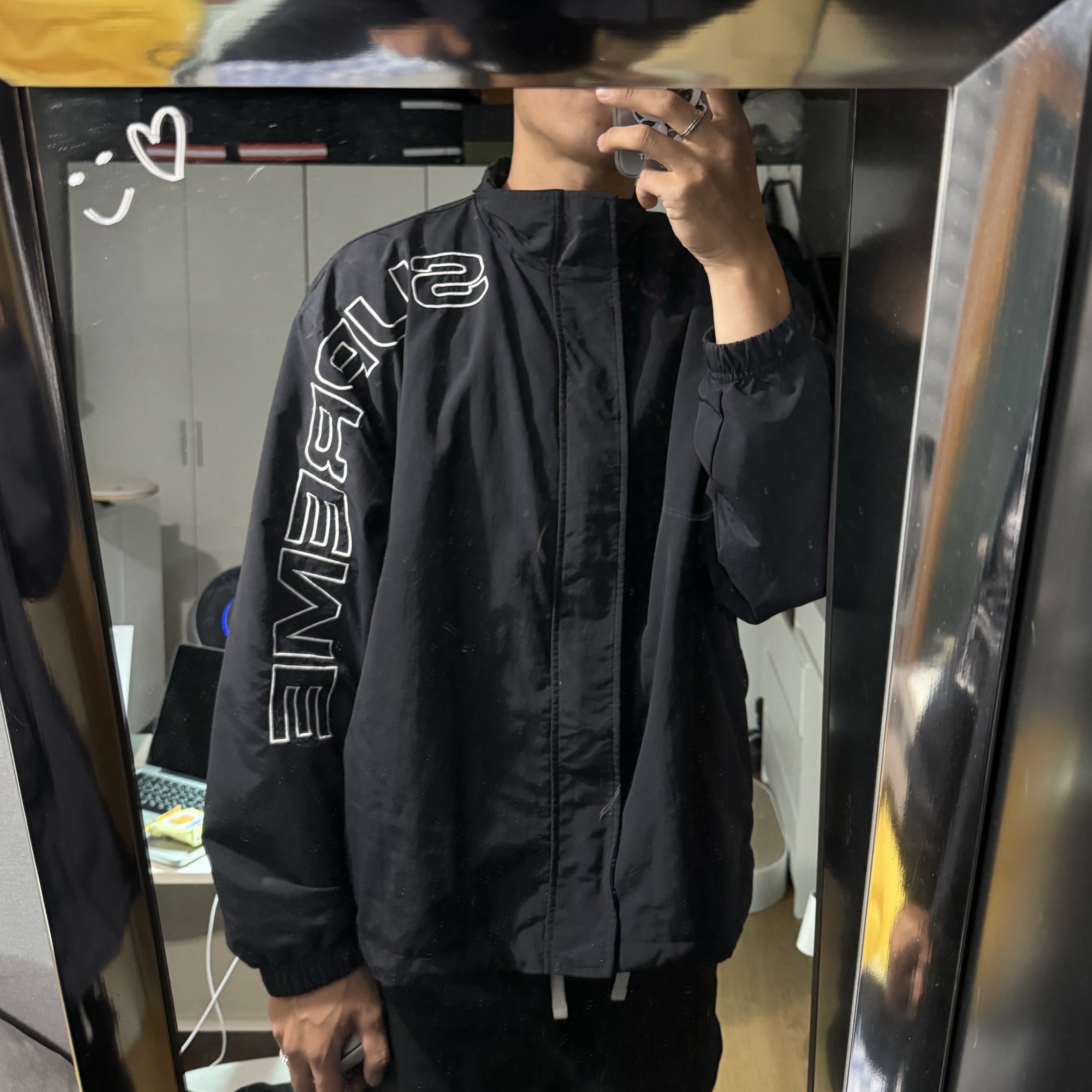 Supreme Spellout Embroidered Track Jacket Black - 23FW 착용 스타일