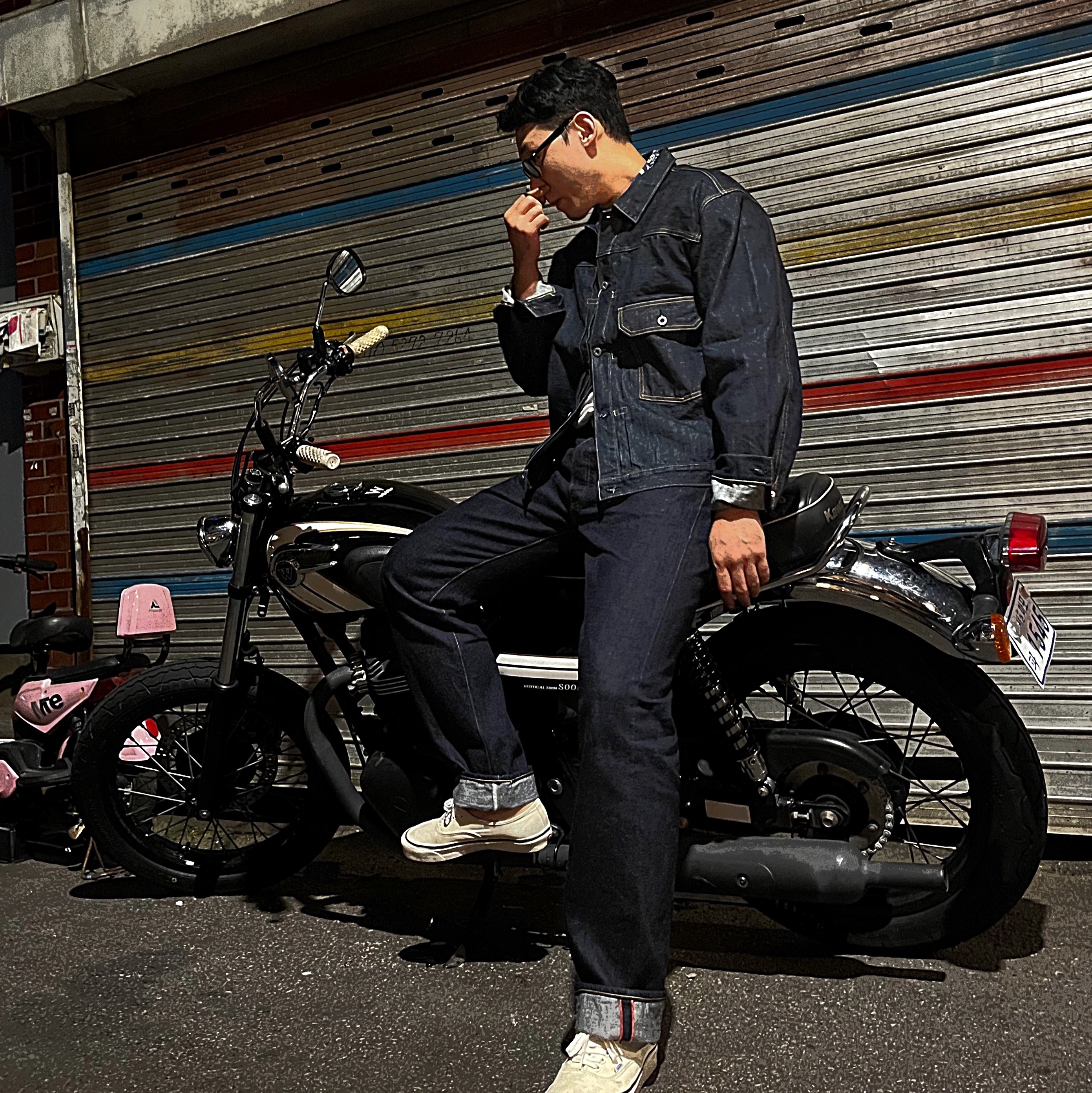 Kapital 14 oz. Denim TH Straight Indigo, Kapital 14 oz. Denim 1ST One Wash Jacket Indigo 착용 스타일