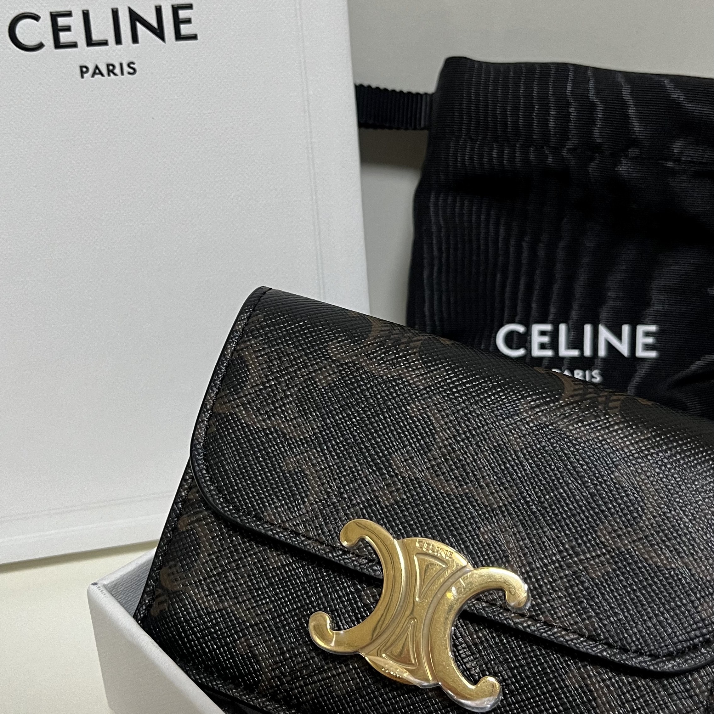 Celine Card Holder with Flap in Triomphe Canvas Tan 착용 스타일 - 1