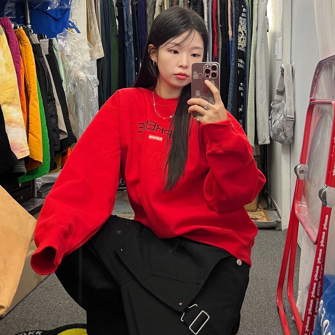 Supreme Established Crewneck Red - 24SS, Supreme Woven Shoulder Bag Grey - 24SS 착용 스타일 - 1