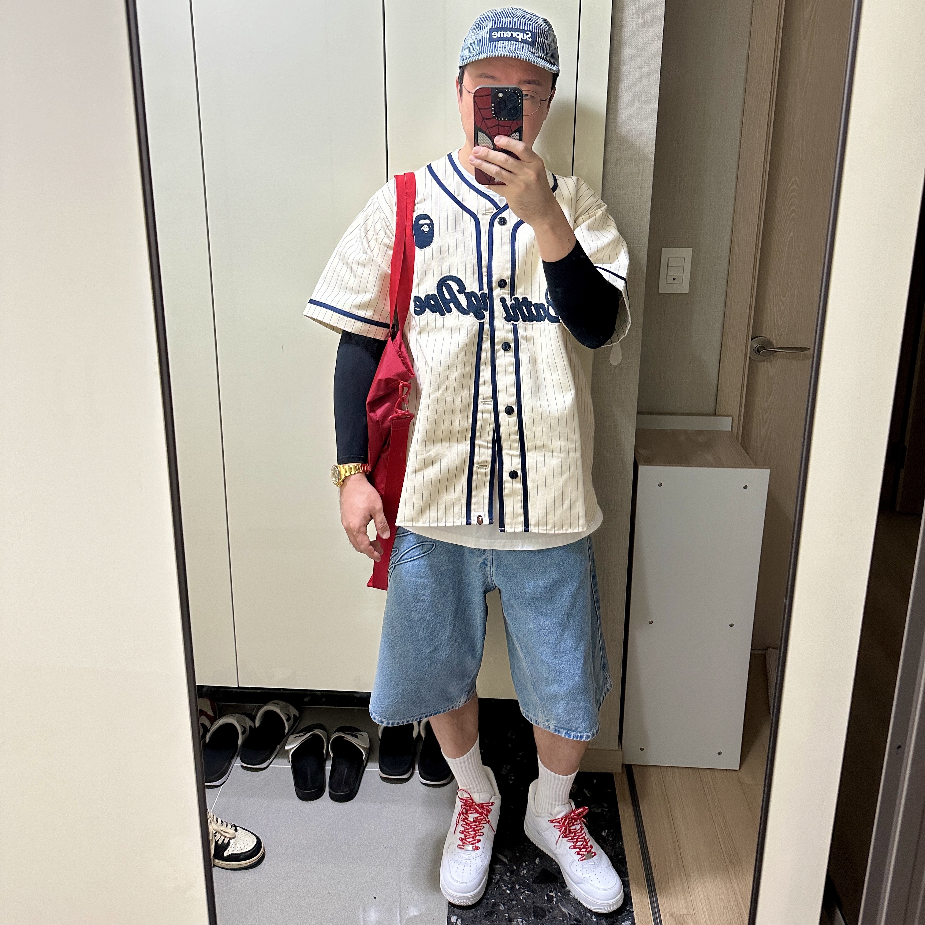 Supreme Script Baggy Denim Short Washed Indigo - 24SS, Nike x Supreme Air Force 1 Low White 착용 스타일