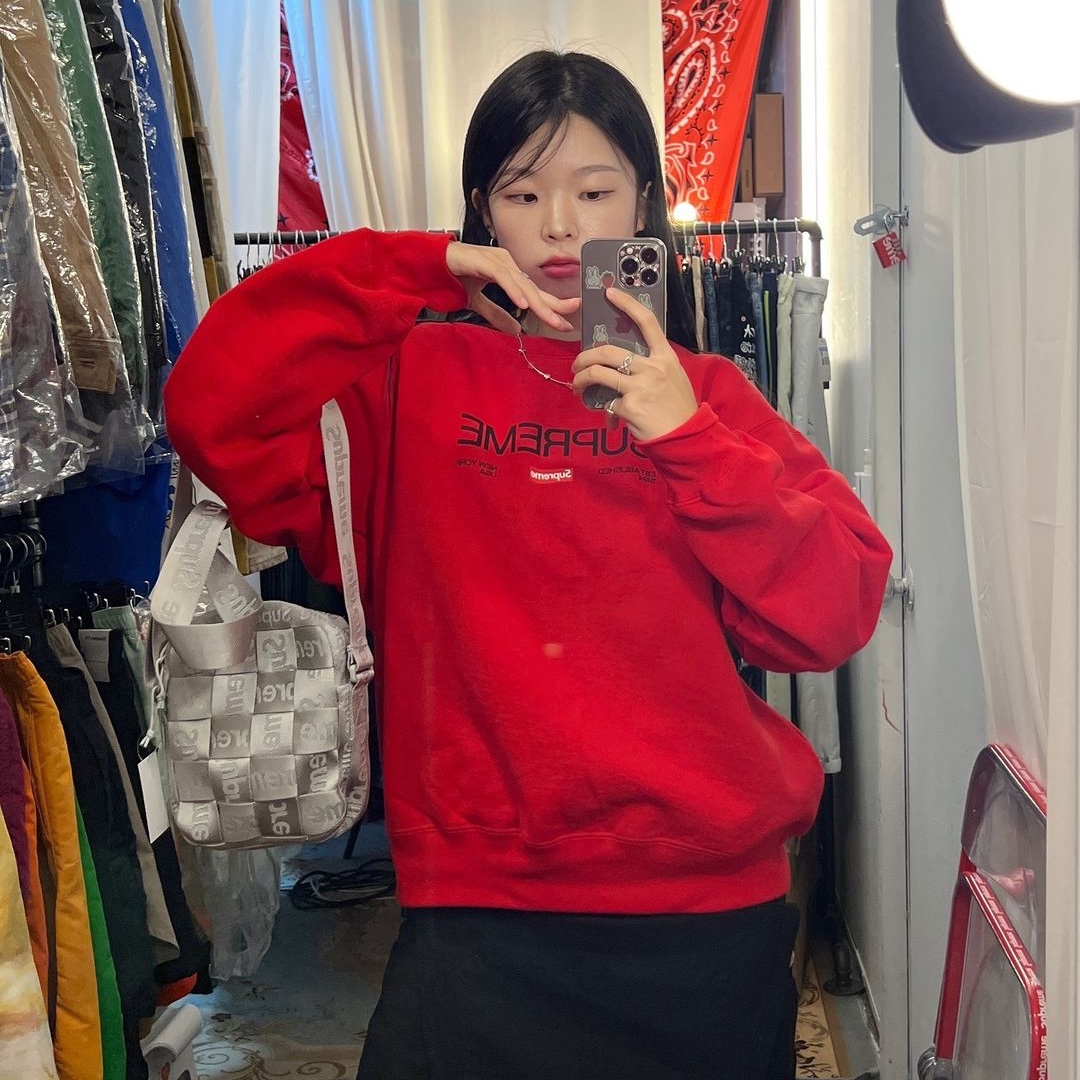 Supreme Established Crewneck Red - 24SS, Supreme Woven Shoulder Bag Grey - 24SS 착용 스타일 - 2