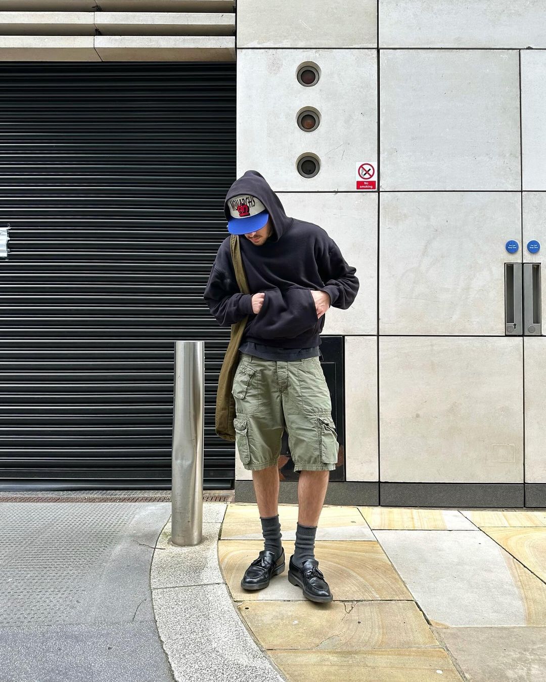 Nonnod Side Cargo Shorts Khaki, Human Made Cargo Shorts Olivedrab 착용 스타일 - 3