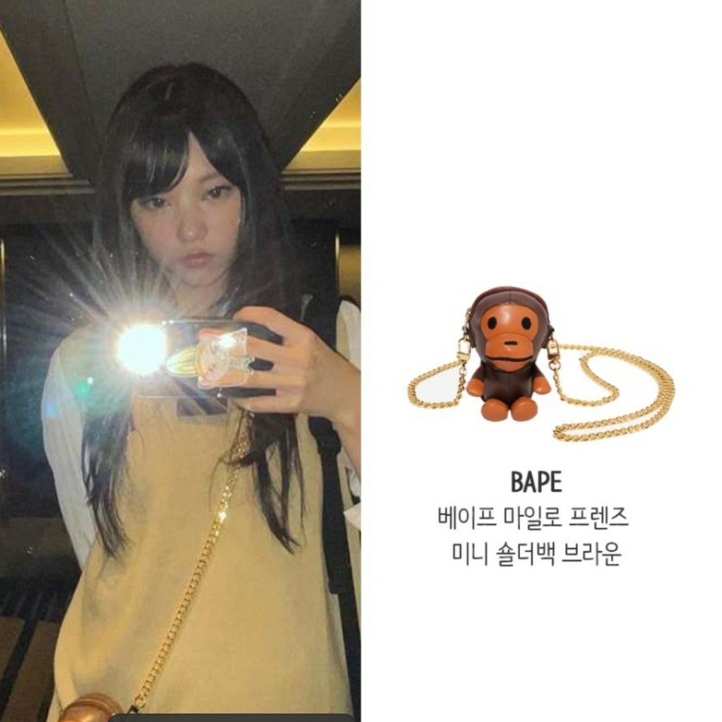 (W) BAPE Baby Lisa Plush Doll Chain Shoulder Bag Brown 착용 스타일