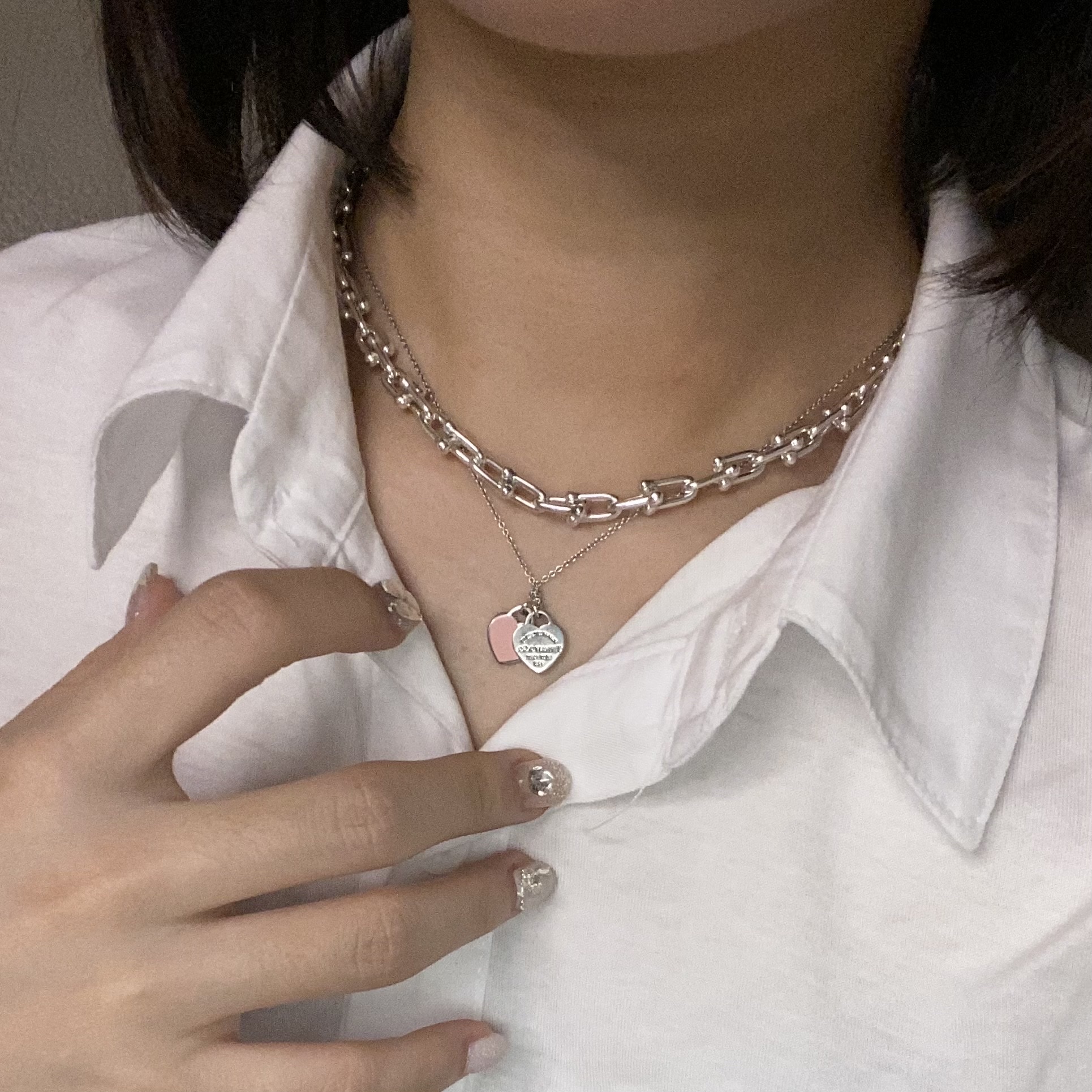 Tiffany & Co. Return To Tiffany Pink Double Heart Tag Pendant Mini Silver (16in), Tiffany & Co. Tiffany HardWear Small Link Necklace Sterling Silver 착용 스타일 - 1