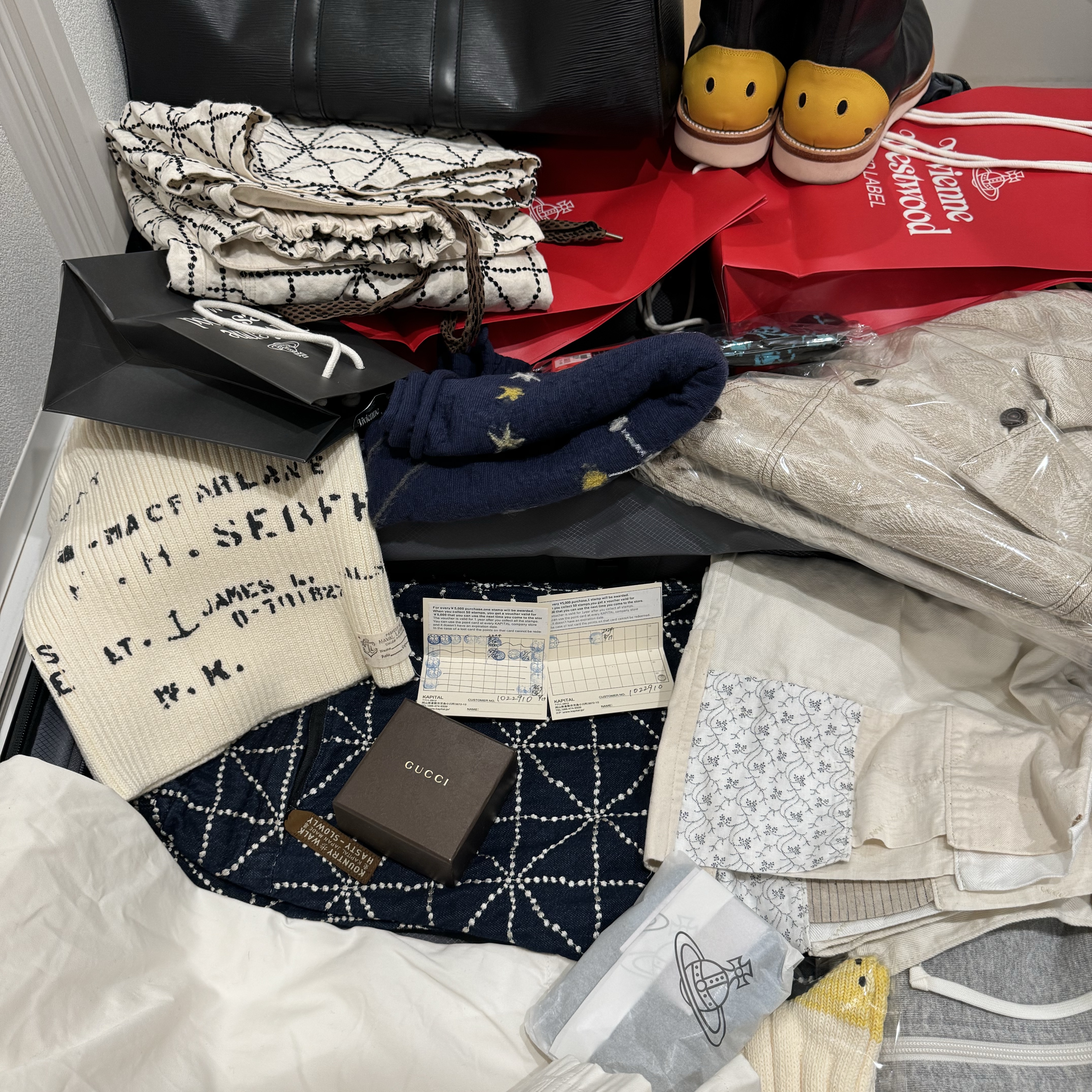 Kapital 8 oz. Color Denim Folk Dojo Embroidery W Knee Easy Baggy Pants Kinari, Kapital Soccer Stripe Cutout Elbow Jacket Saxophone 착용 스타일 - 2