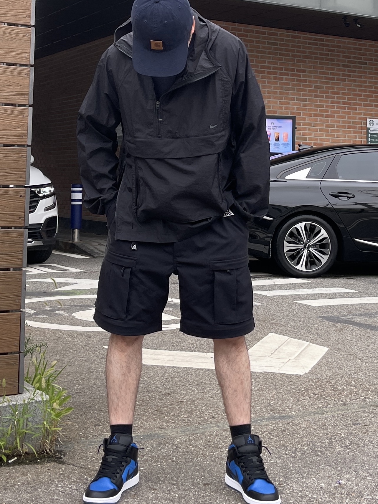 Carhartt Canvas Cap Navy, Nike NSW Tech Pack Woven Jacket Limelight - Asia 착용 스타일