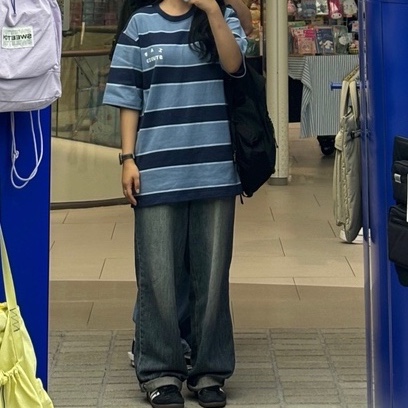 IAB Studio Striped T-Shirt Blue White 착용 스타일