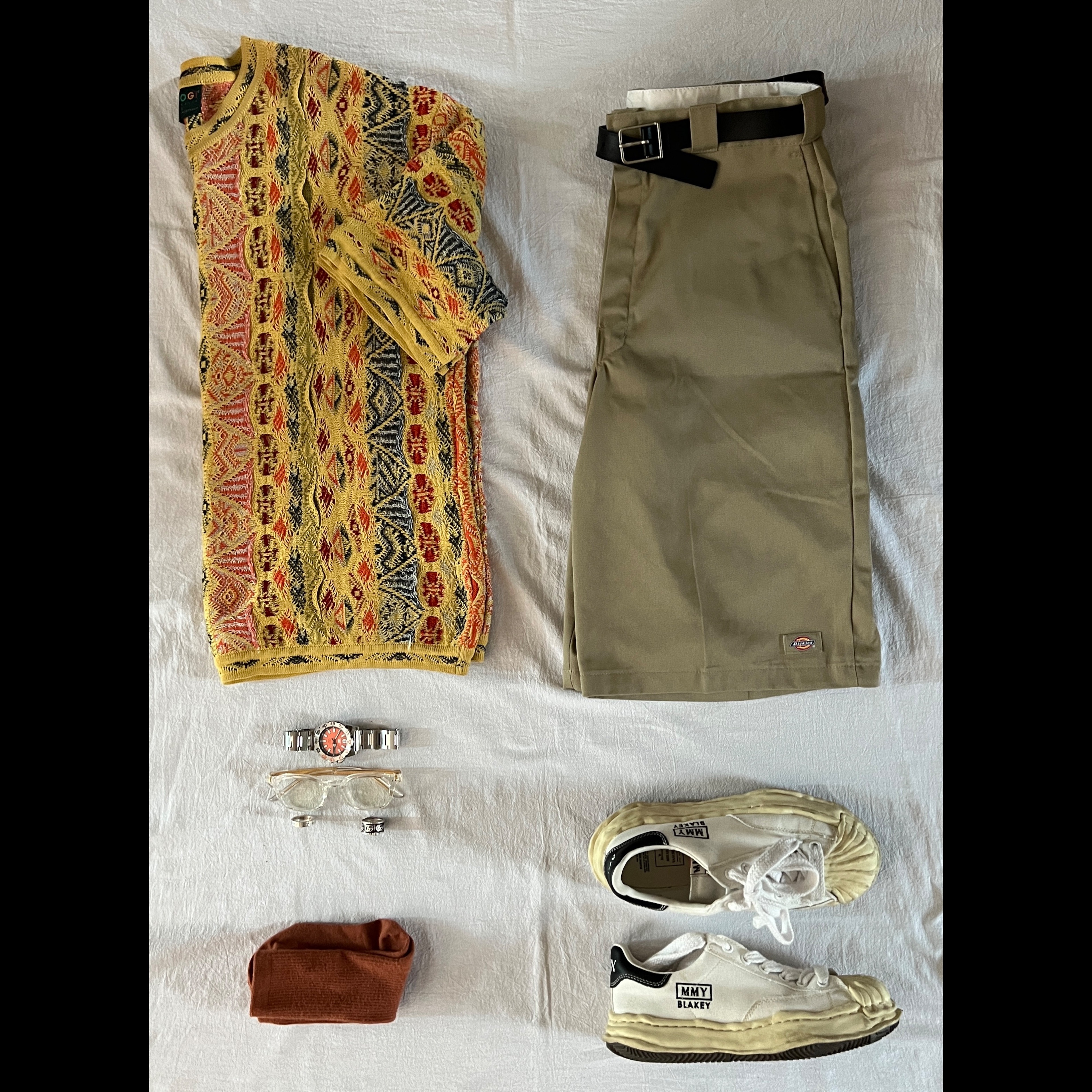 Maison Mihara Yasuhiro Blakey OG Dyed Sole Canvas Low-top Sneakers White, Dickies Loose Fit 13 Inch Flat Front Work Shorts Khaki 착용 스타일