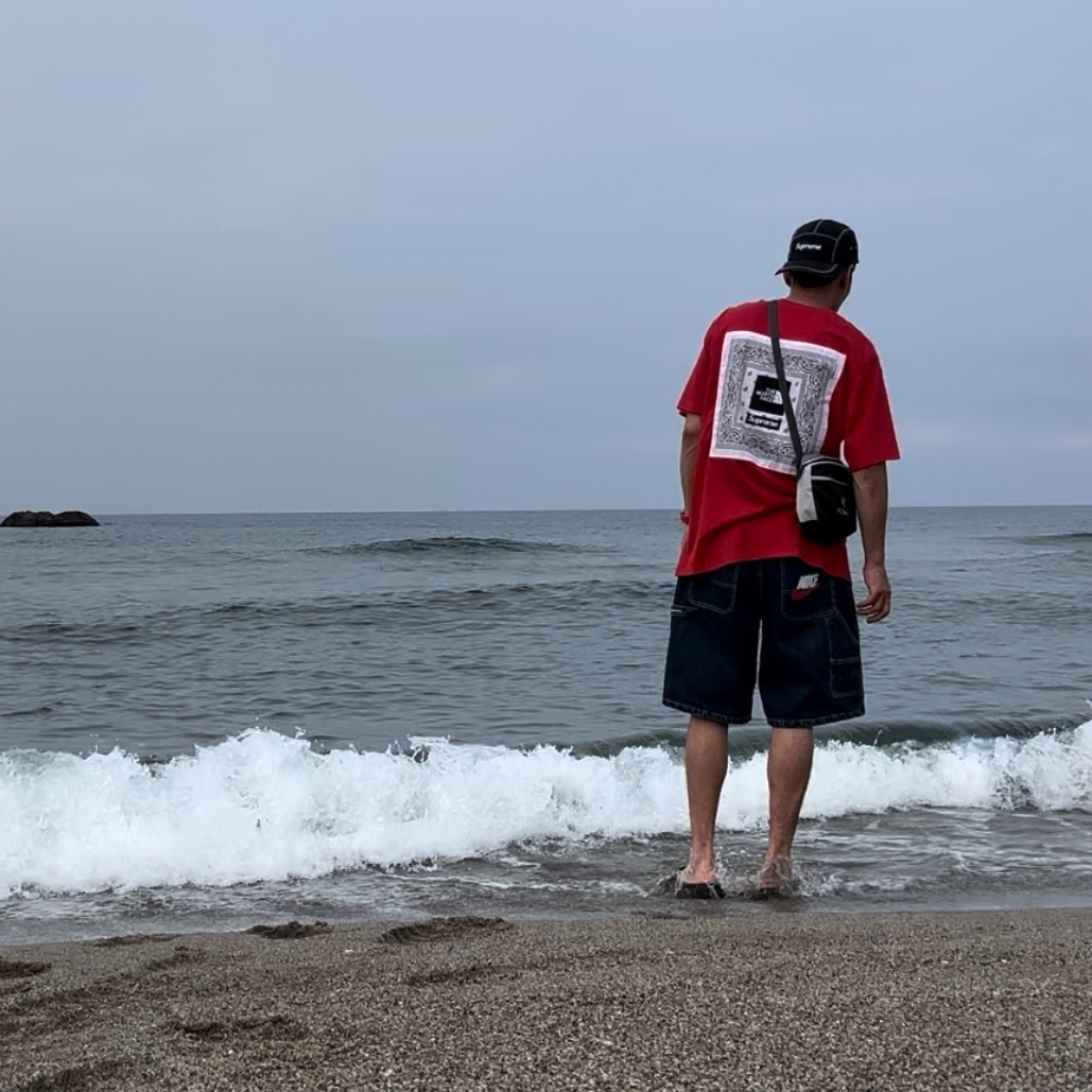 Supreme Reflective Stitch Camp Cap Black - 23SS, Supreme x The North Face Bandana T-Shirt Red - 22SS 착용 스타일