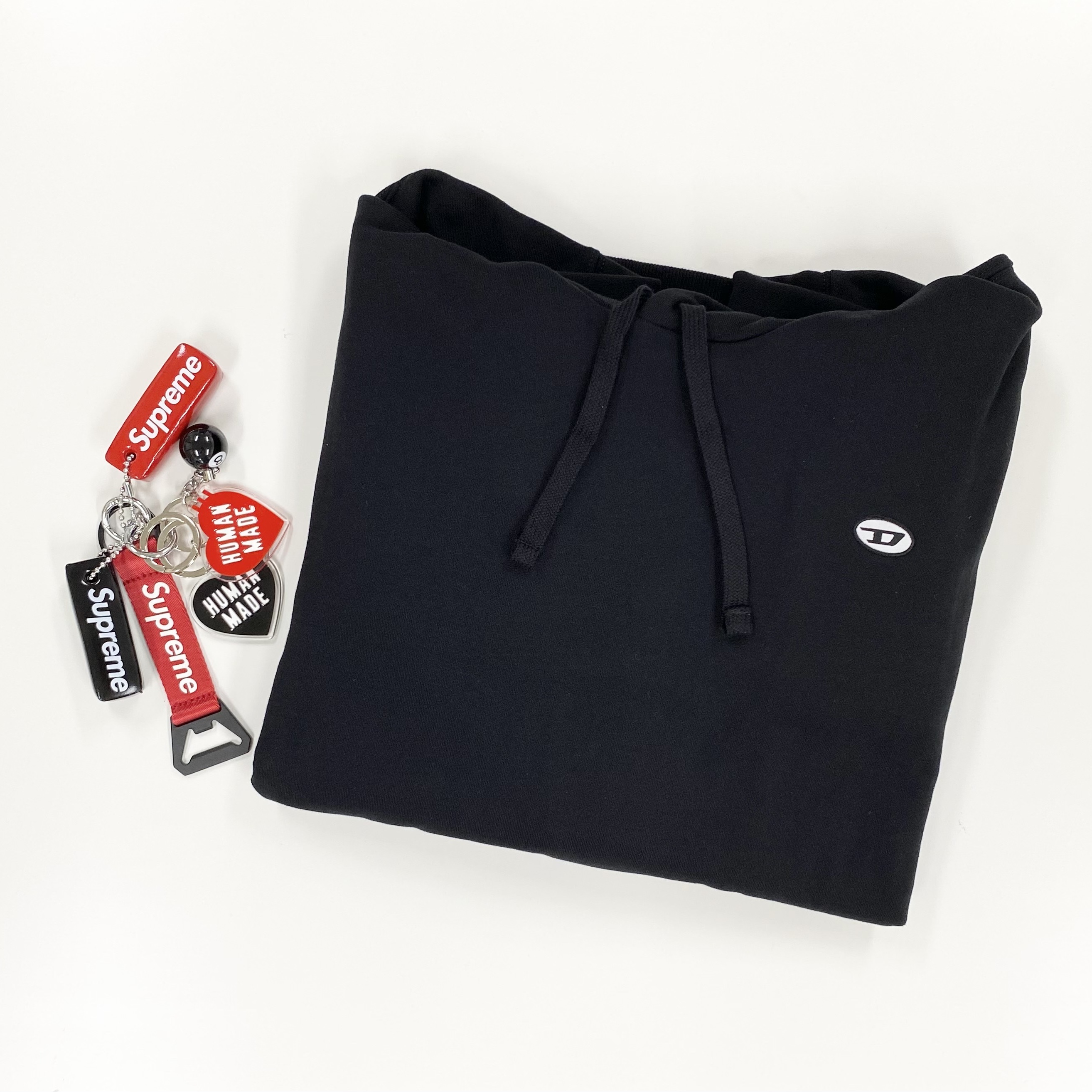 Diesel S-Rob-Hood-Doval-PJ Hoodie with Oval D Patch Black, Supreme Bottle Opener Webbing Keychain Red - 21FW 착용 스타일 - 2