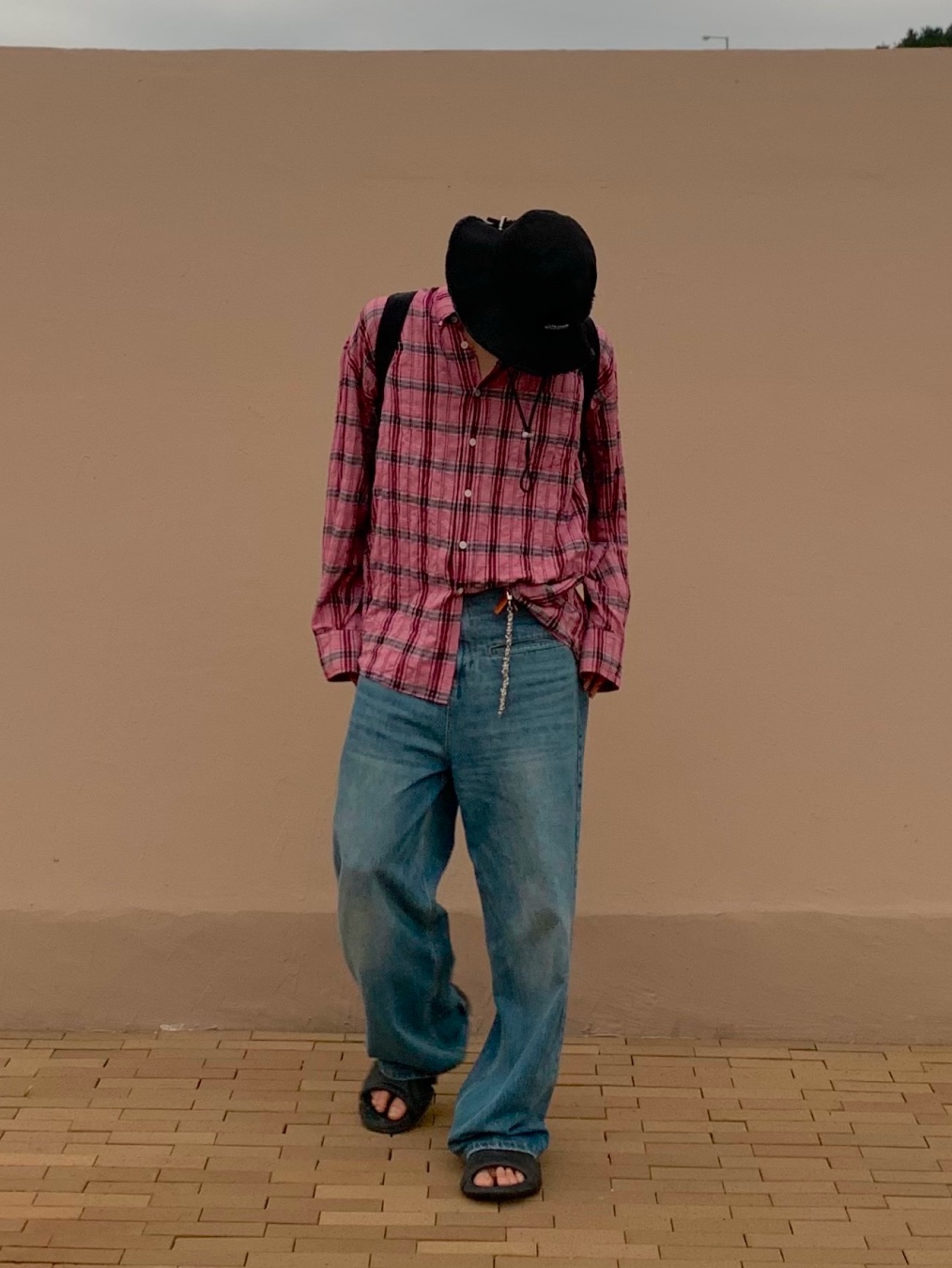 Nonnod Flexible String Check Shirts Pink, Nonnod Flexible String Check Shirts Vintage Blue 착용 스타일 - 4