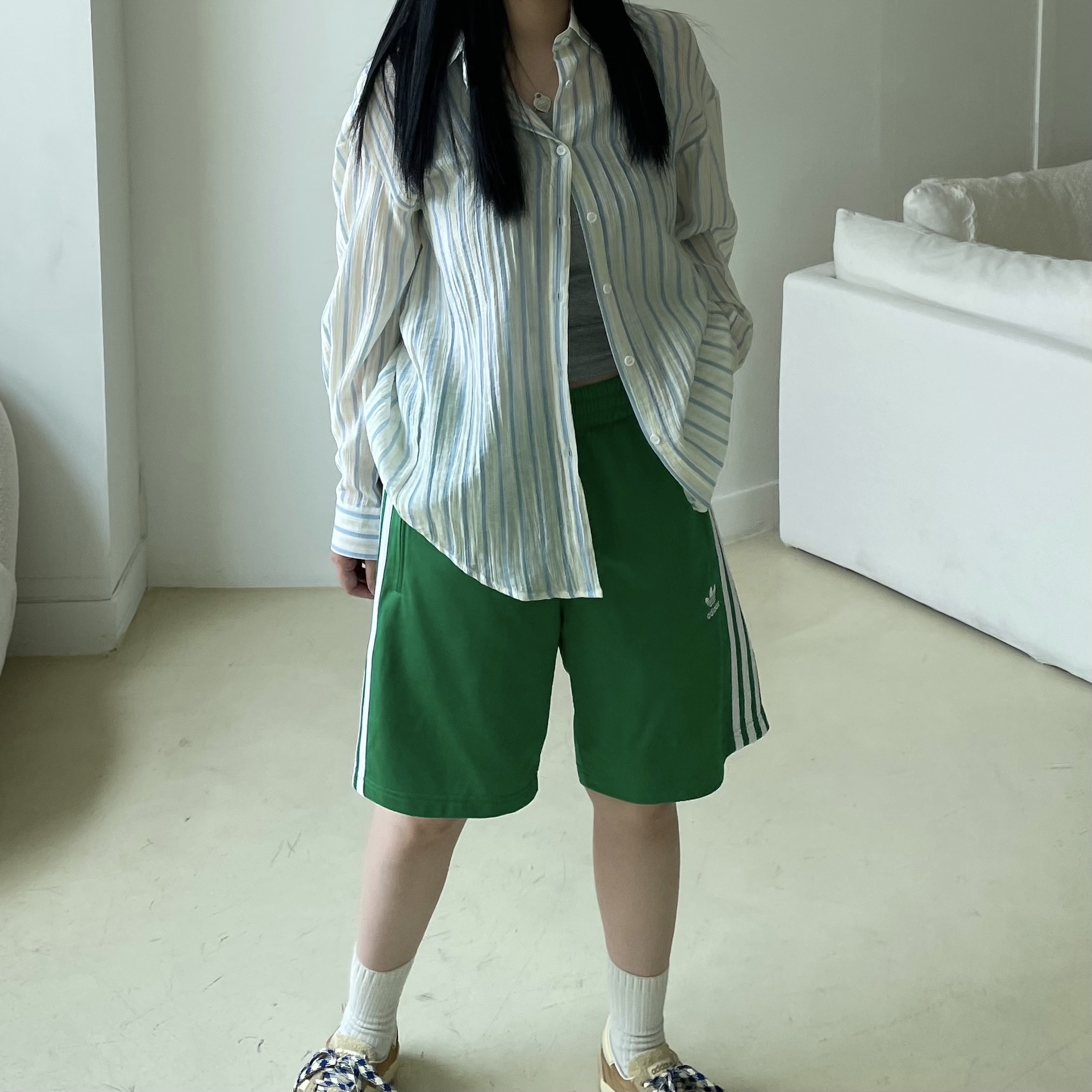 Adidas Adicolor Firebird Shorts Green White - KR Sizing, Adidas x Wales Bonner Country Mesa 착용 스타일 - 2