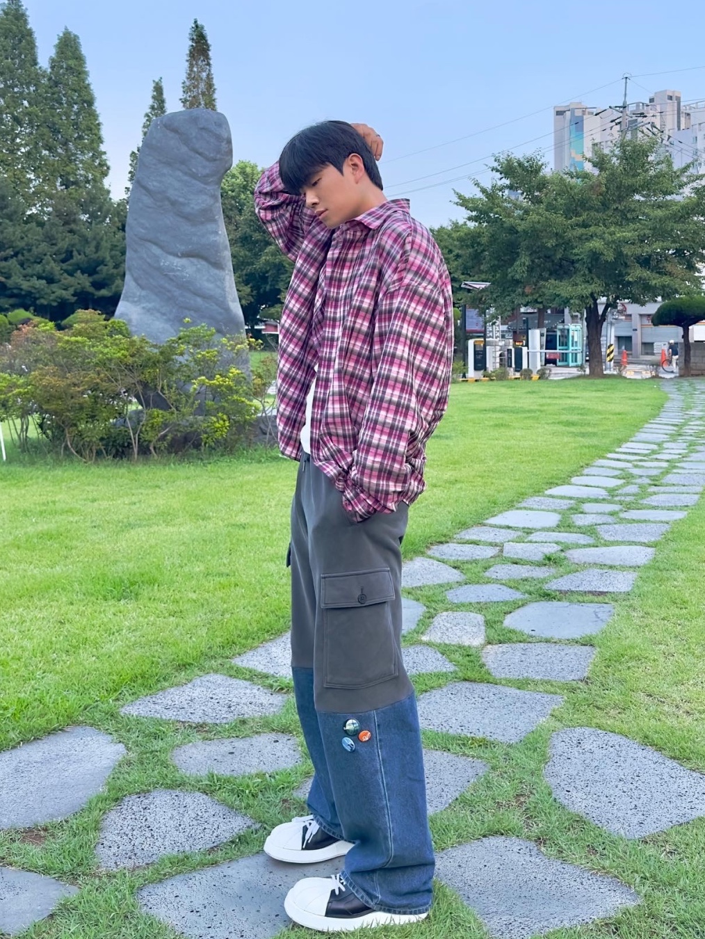 Nonnod Flexible String Check Shirts Pink, Nonnod Flexible String Check Shirts Vintage Blue 착용 스타일 - 9