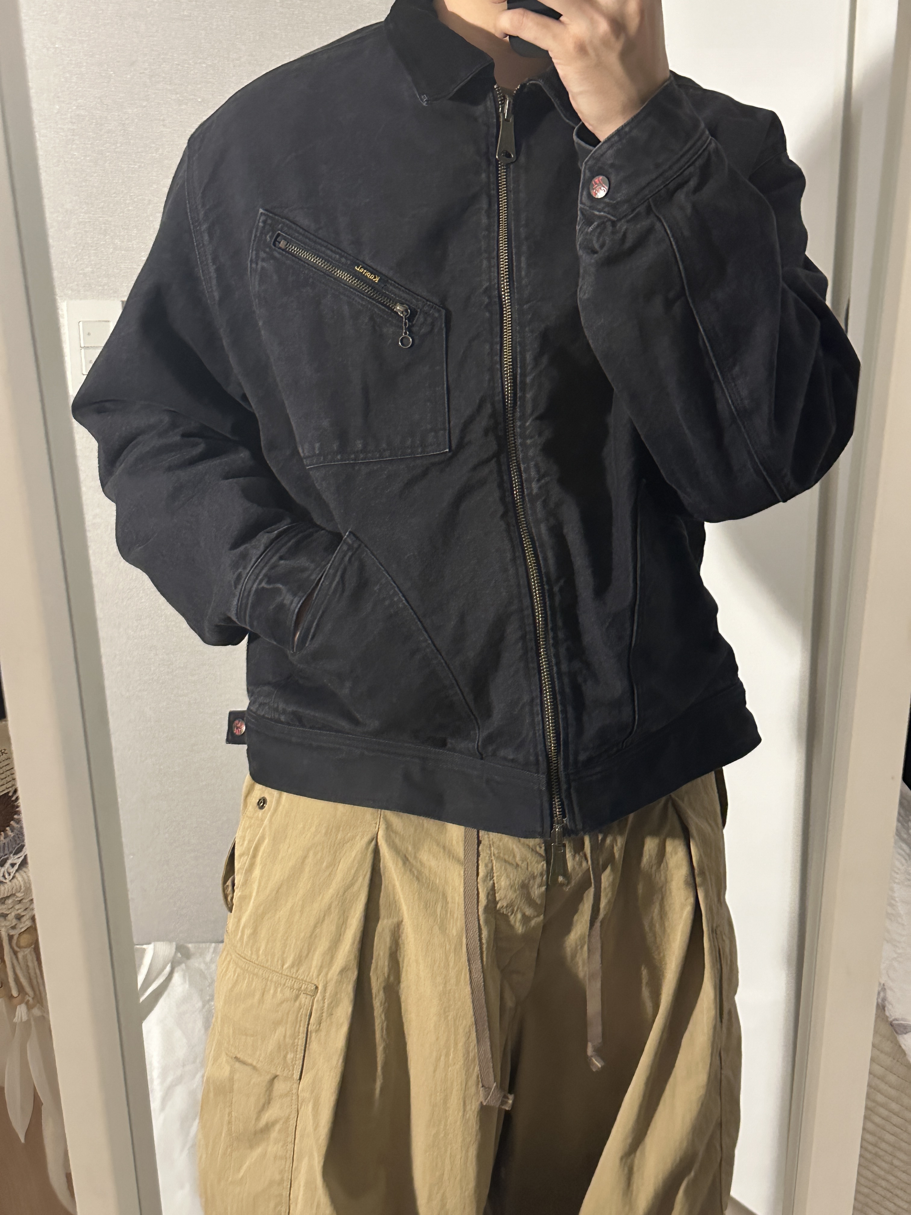 Kapital 14 oz. Denim Bone Lining Reversible Zip Up Work Jacket Black 착용 스타일 - 2
