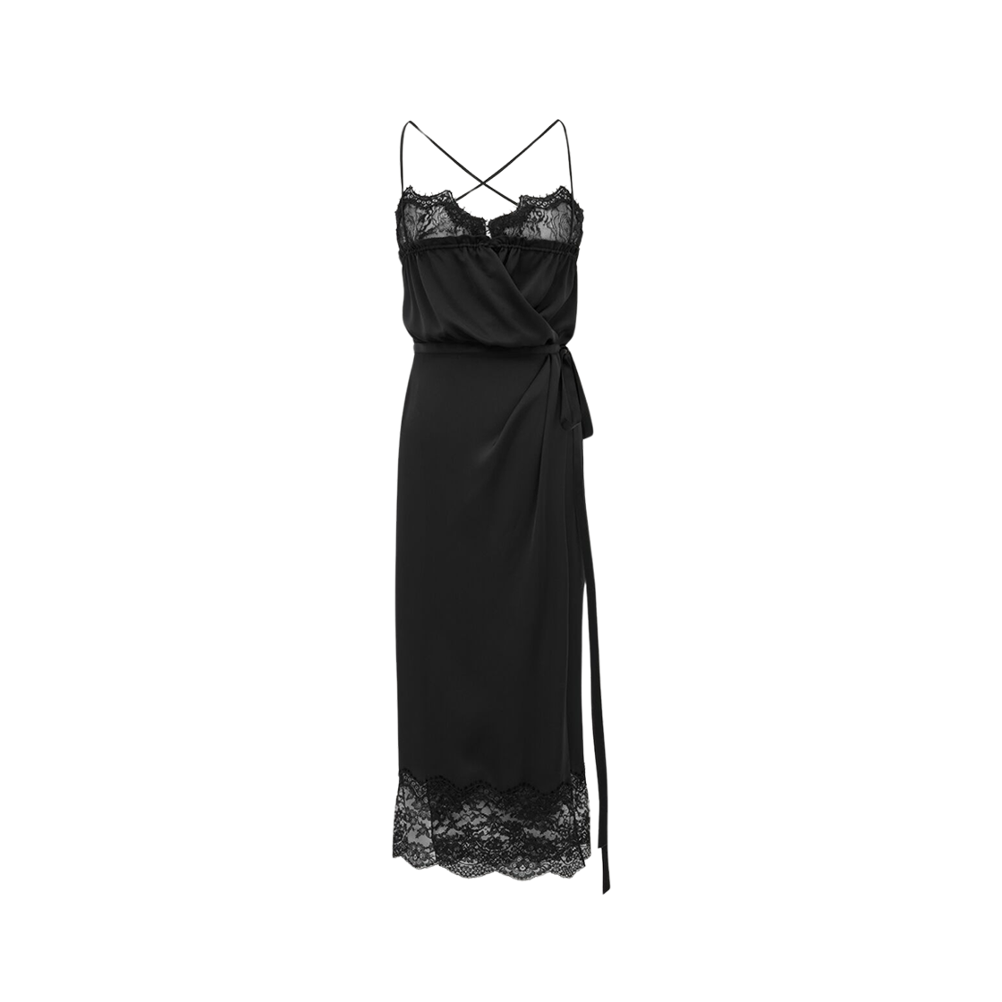 (W) Saint Laurent Wrap Dress In Silk Charmeuse And Lace Black 상세 이미지 1