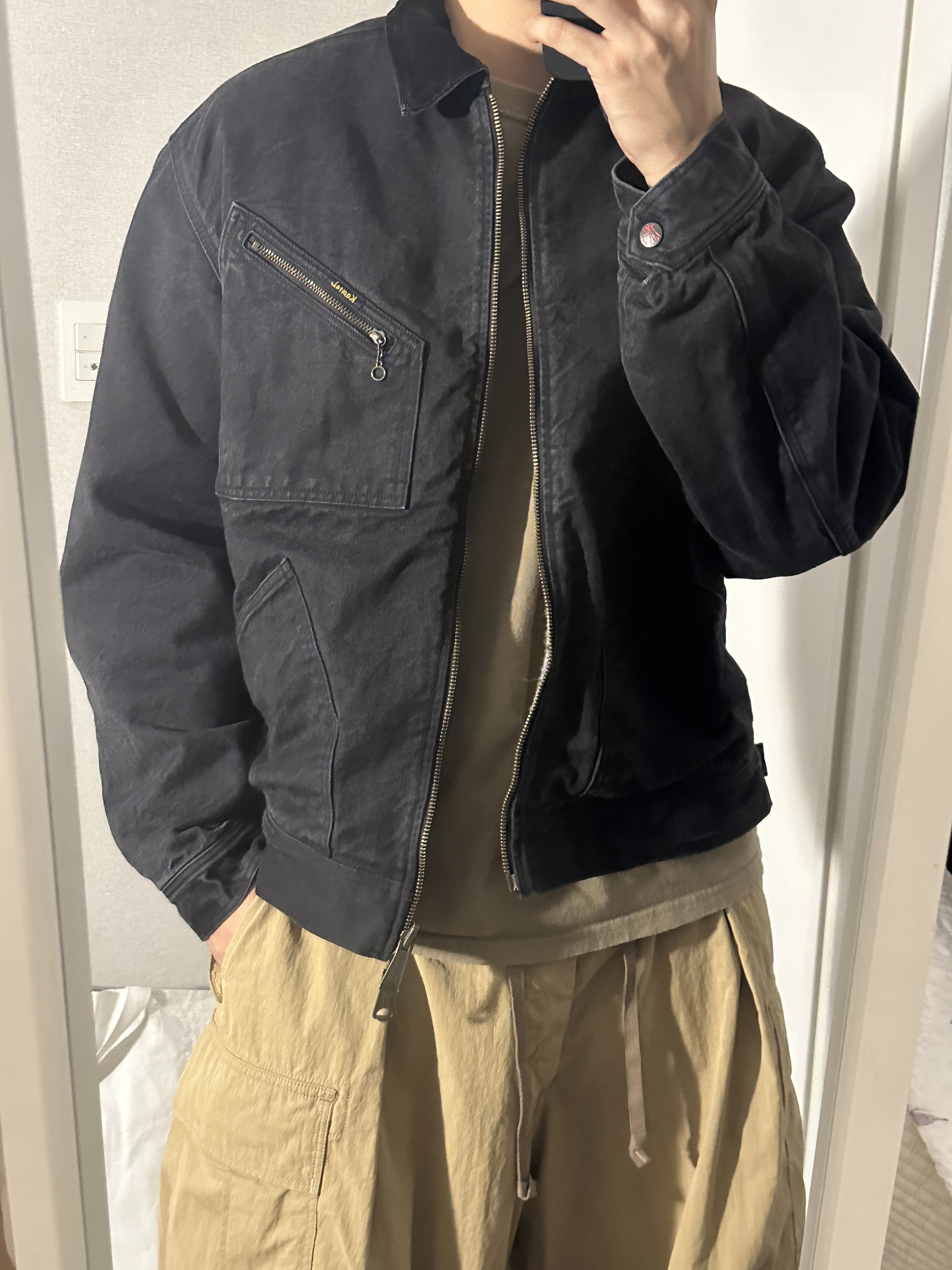 Kapital 14 oz. Denim Bone Lining Reversible Zip Up Work Jacket Black 착용 스타일 - 3