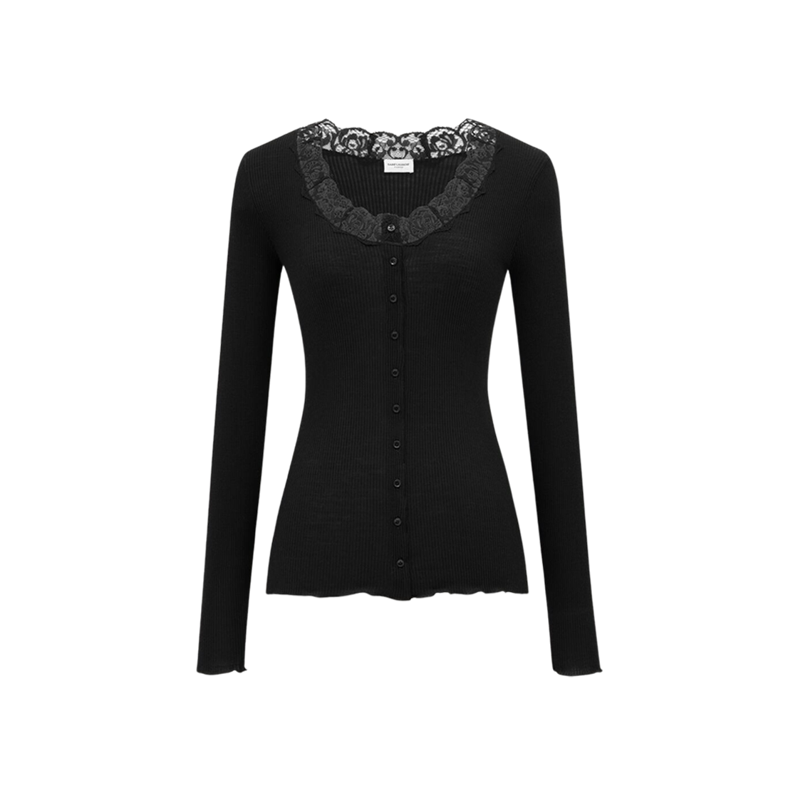 (W) Saint Laurent Laced Cardigan In Ribbed Wool And Silk Black 상세 이미지 1