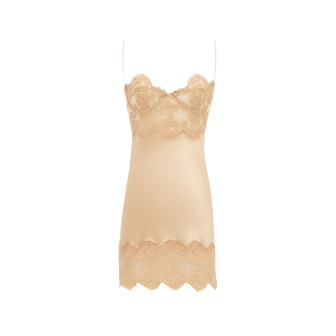 (W) Saint Laurent Slip Dress In Silk Satin And Lace Beige 상세 이미지 1