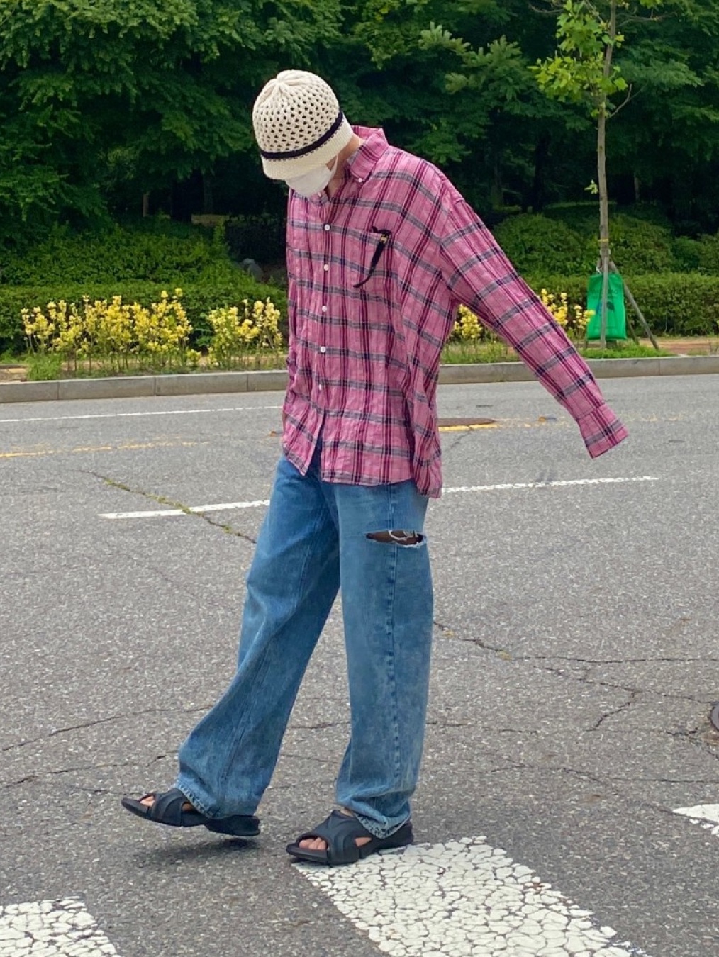Nonnod Flexible String Check Shirts Pink, Nonnod Flexible String Check Shirts Vintage Blue 착용 스타일 - 8