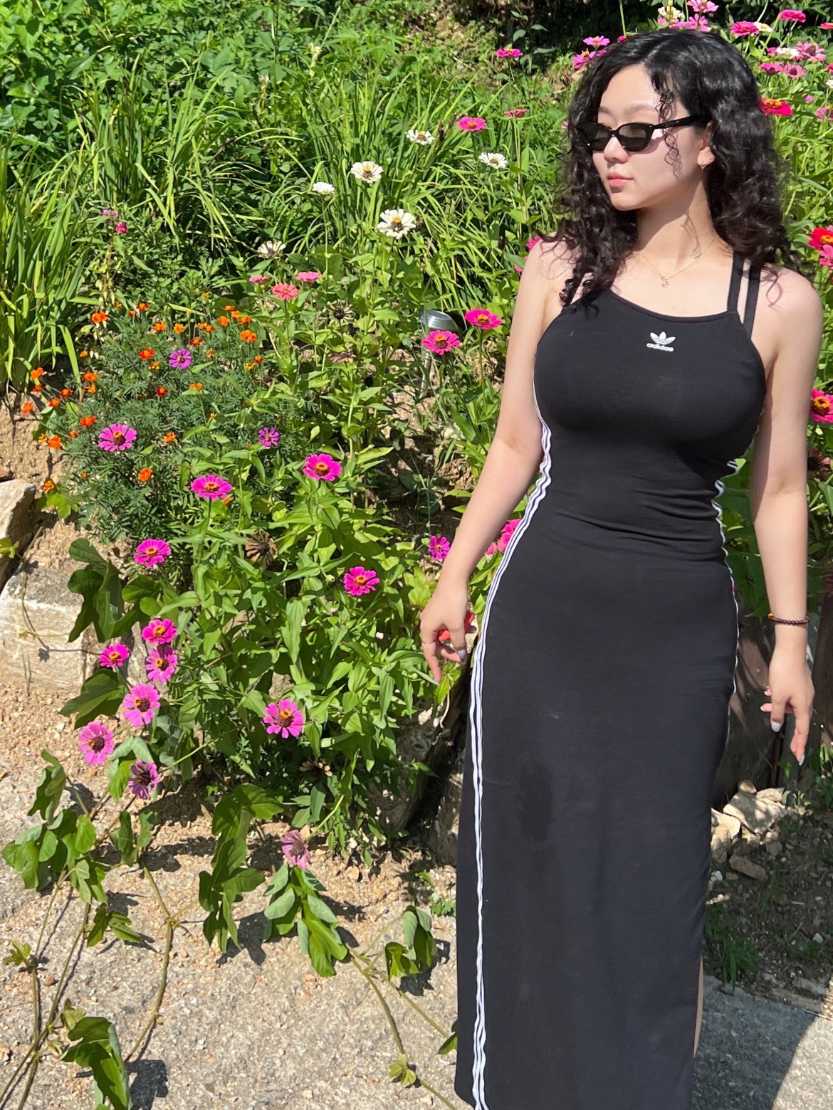(W) Adidas Adicolor 3-Stripes Maxi Dress Black - KR Sizing 착용 스타일 - 1