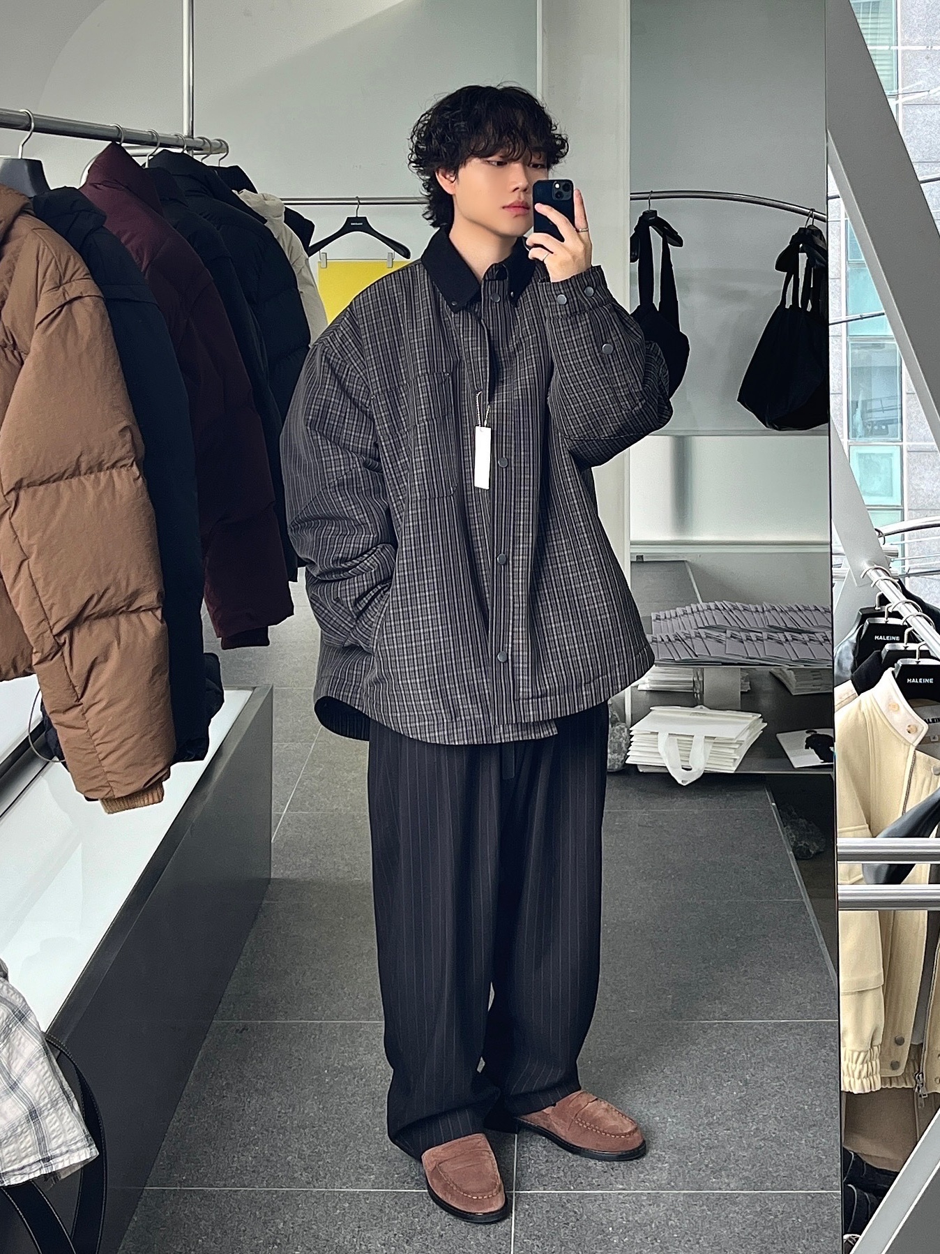 Haleine Padded Work Shirt Jacket Black (VJ316), Haleine Padded Work Shirt Jacket Beige (VJ317) 착용 스타일