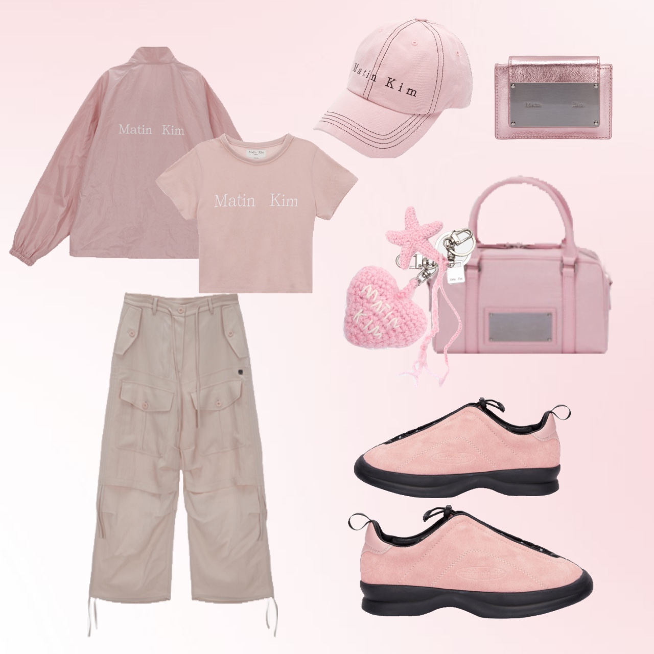 (W) Matin Kim Matin Crop Hoody Coating Jumper Pink, Matin Kim Accordion Wallet Indian Pink 착용 스타일