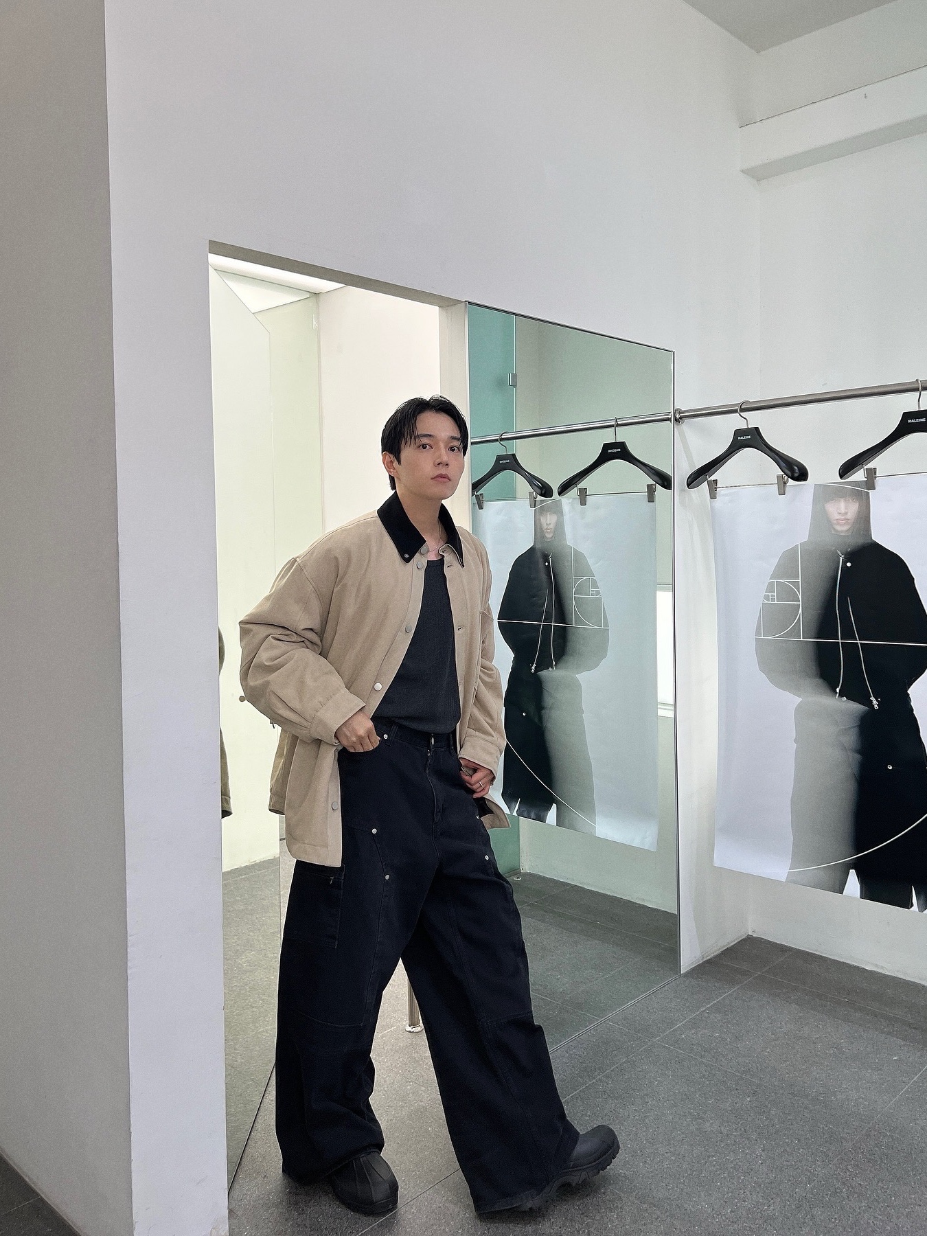 Haleine Padded Work Shirt Jacket Black (VJ316), Haleine Padded Work Shirt Jacket Beige (VJ317) 착용 스타일