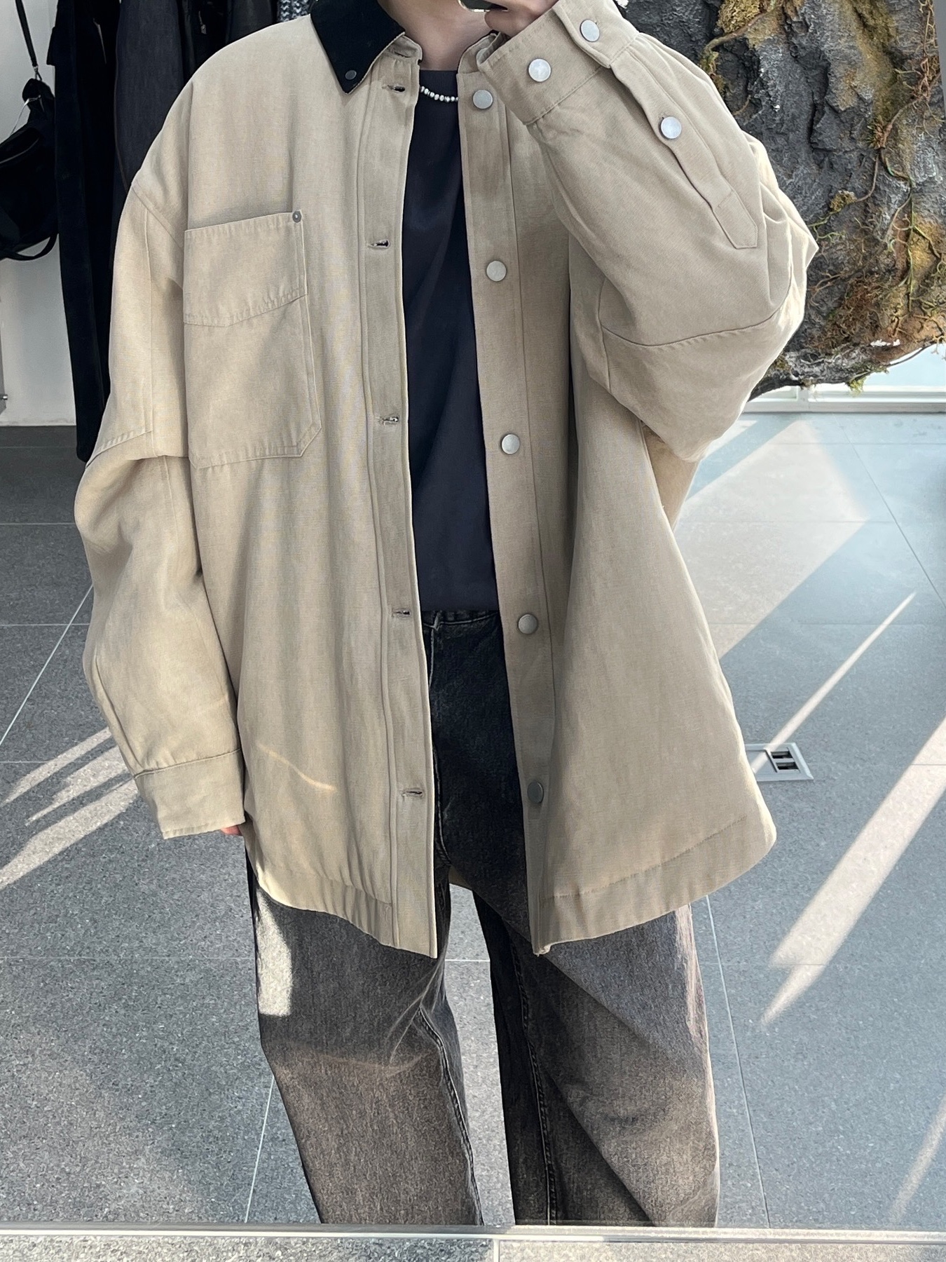 Haleine Padded Work Shirt Jacket Beige (VJ317), Haleine Padded Work Shirt Jacket Black (VJ316) 착용 스타일